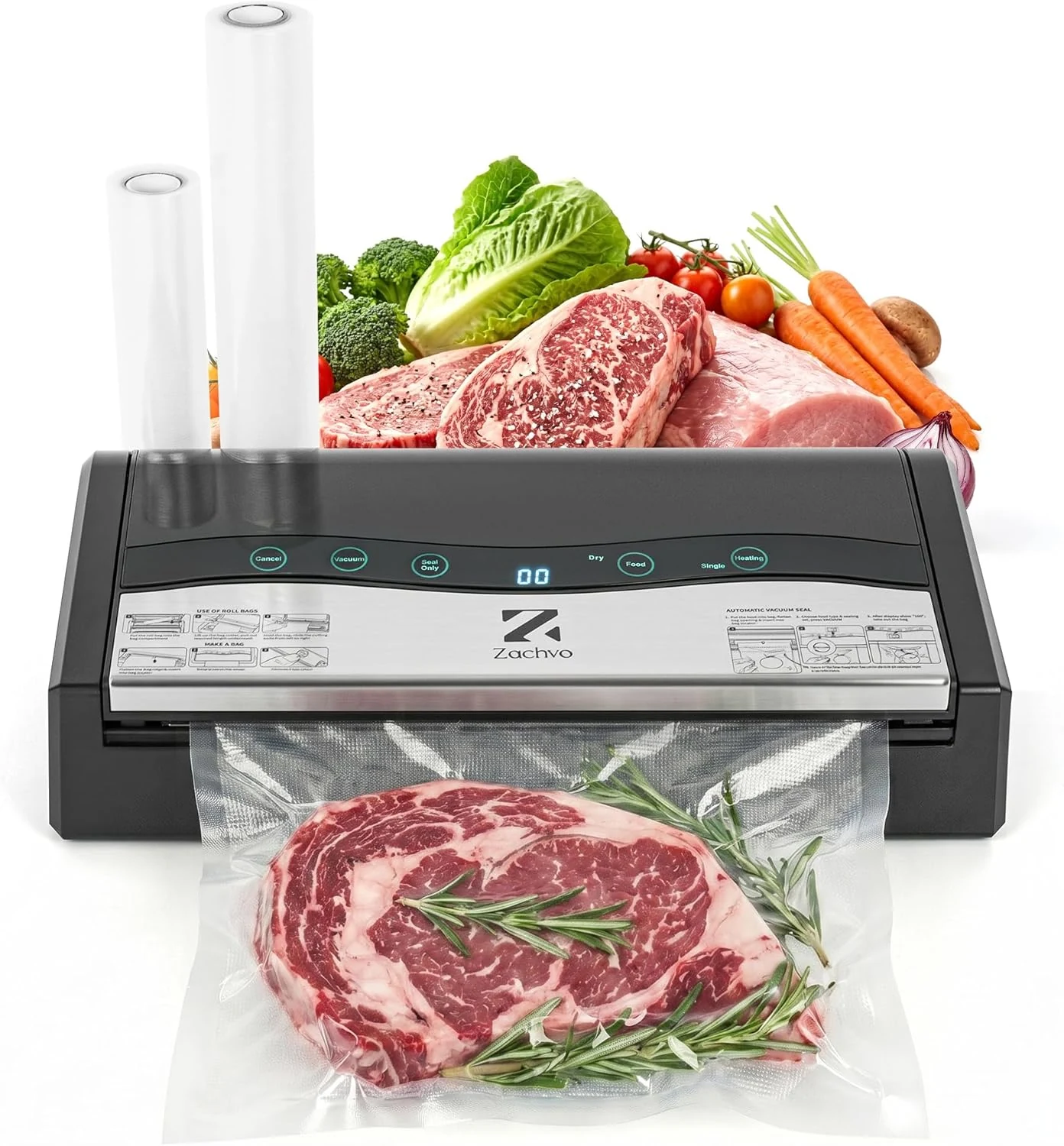 90kPa 10-in-1 Vacuum Sealer for Food, Double Heat Seal for Bulk Meat Portioning, Dry & Moist Modes, Built-in Cutter and Bag Storage (ZACHVO)