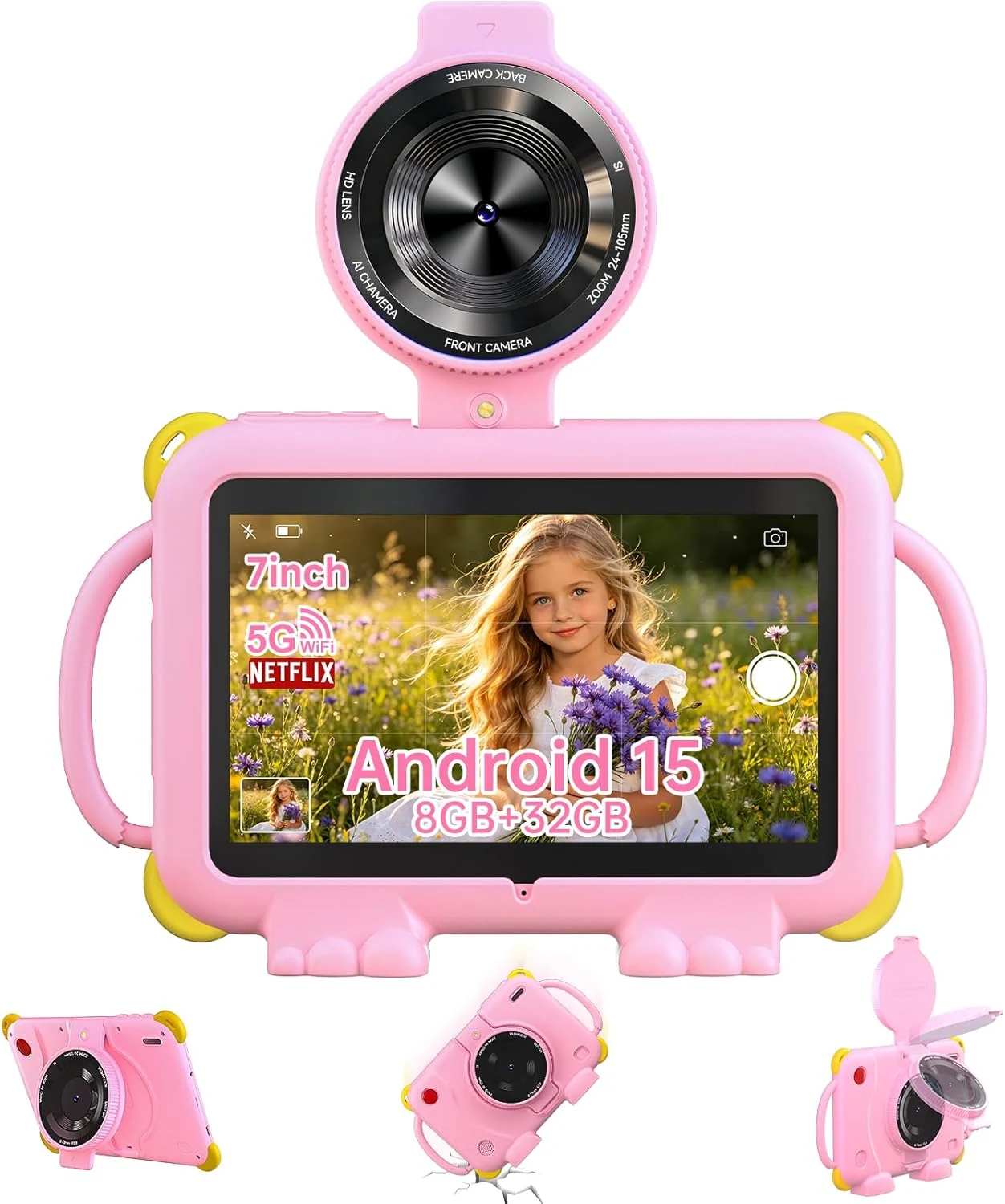 PEICHENG Tablet for Kids 7Inch IPS Display, (3+5GB) RAM+32GB ROM+1TB Expand, Shockproof Case with Handles, Parental Control, Educational Entertainment Apps, Dual Cameras (90° Rotatable Lens), Pink