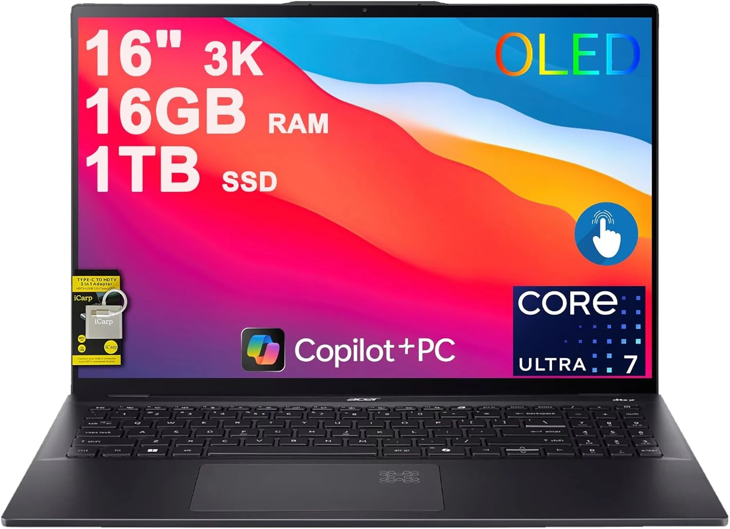 Acer Swift 16 AI Laptop 16" 3k OLED 120Hz Touch (100% DCI-P3) Intel 8-core Ultra 7 256V, 16GB RAM, 1TB SSD