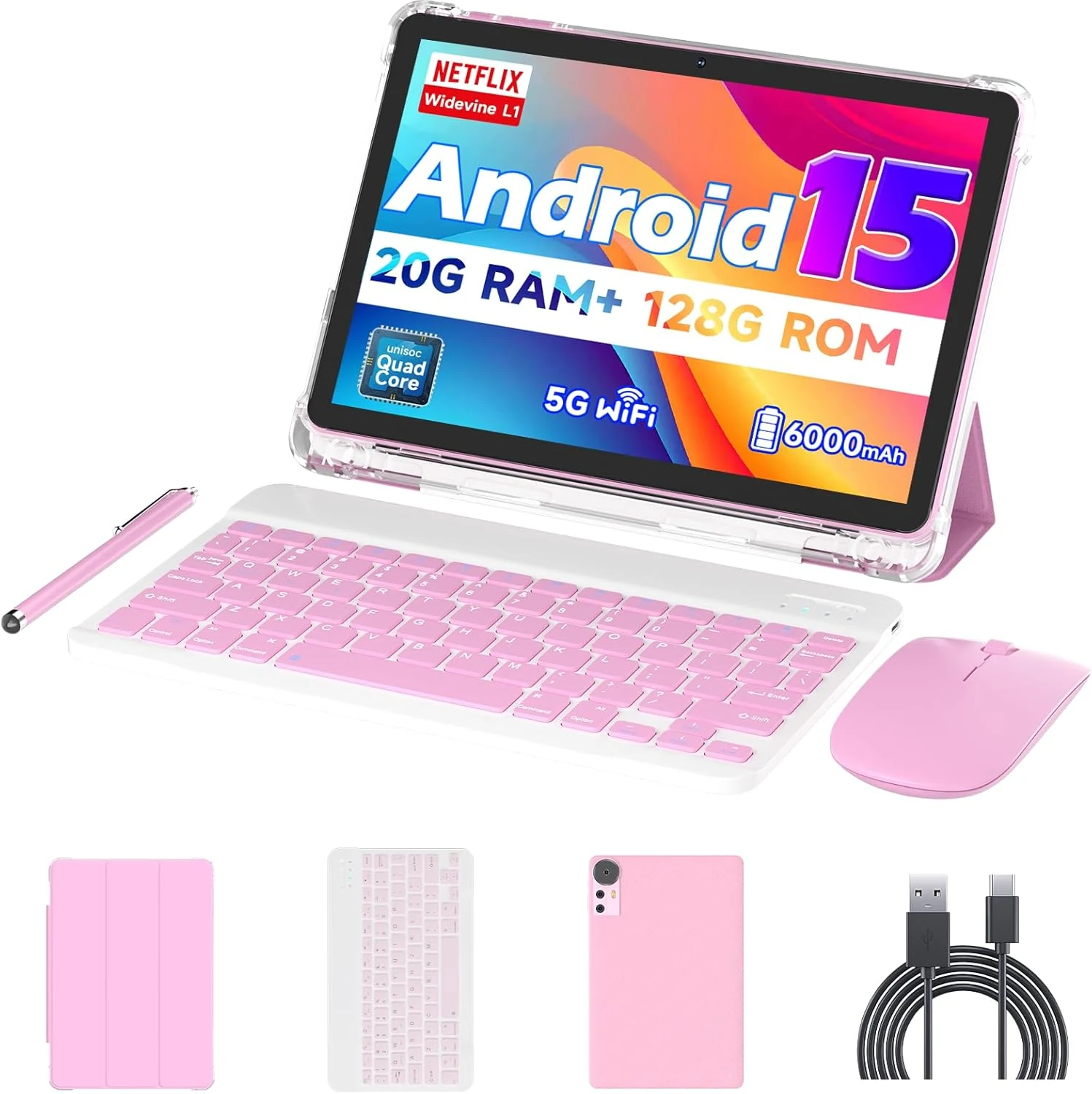 Android 15 Tablet 10 inch Tablets, 20GB RAM 128GB ROM 2TB Expandable, 2 in 1 Keyboard Case Stylus Mouse, 5G WiFi6, 6000mAh, Widevine L1 (Pink)