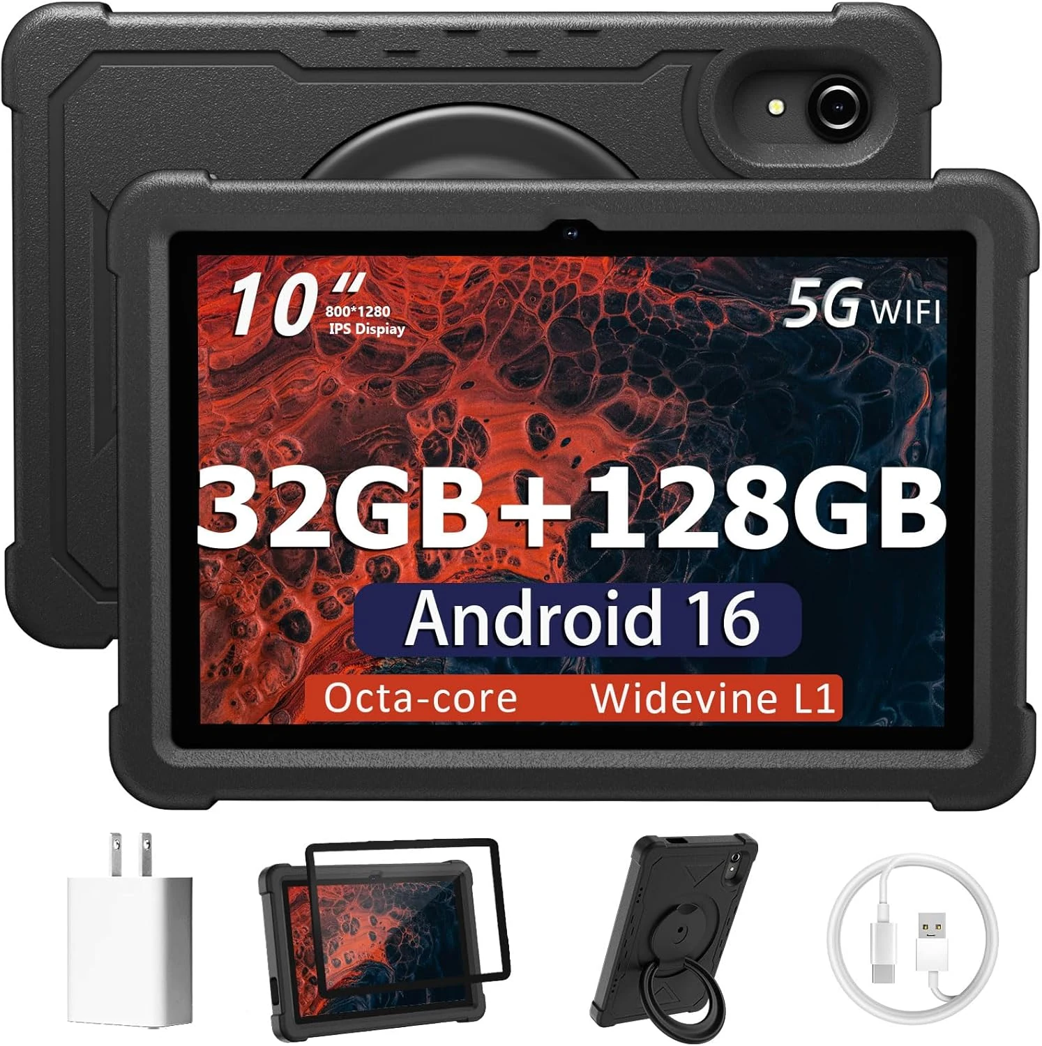 Tablet 10 Inch Android 16 Tablet, 32GB RAM 128GB ROM, 1TB Expansion, T7280 Octa-Core, Large Capacity Battery, Dual Camera, 5G/2.4G WiFi, Bluetooth 5.0, GPS, Gemini AI, Drop-Proof Case (Black)