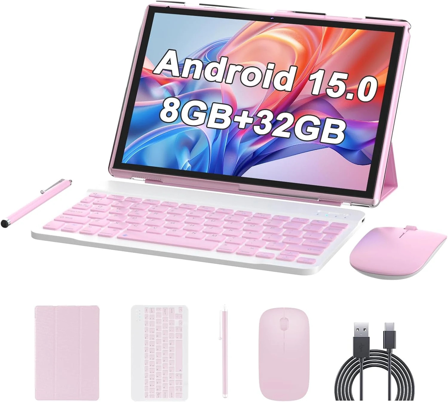 10 inch Android 15 Tablet with Keyboard Stylus, 8GB RAM 2 in 1 Tableta (Pink)