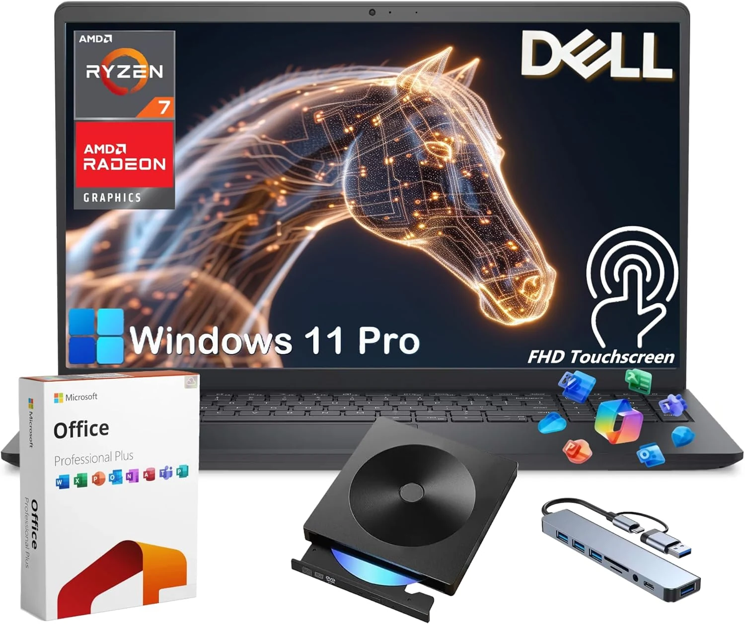 Dell Inspiron 15 Touchscreen Laptop Computer, Windows 11 Pro, Lifetime MS Office, AMD Ryzen 7 7730U, 15.6'' FHD WVA Display, 16GB RAM + 1TB SSD, External DVD Drive & 8-in-1 HUB, AMD Radeon Graphics