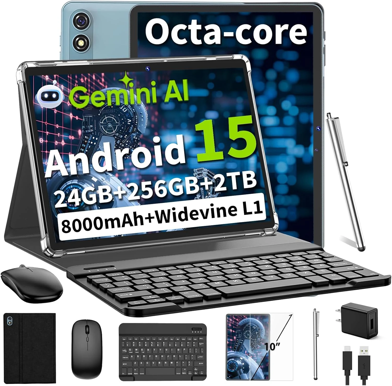 Android 15 Tablet 10 Inch, 2026 Tablet with Keyboard, 24GB+256GB+2TB