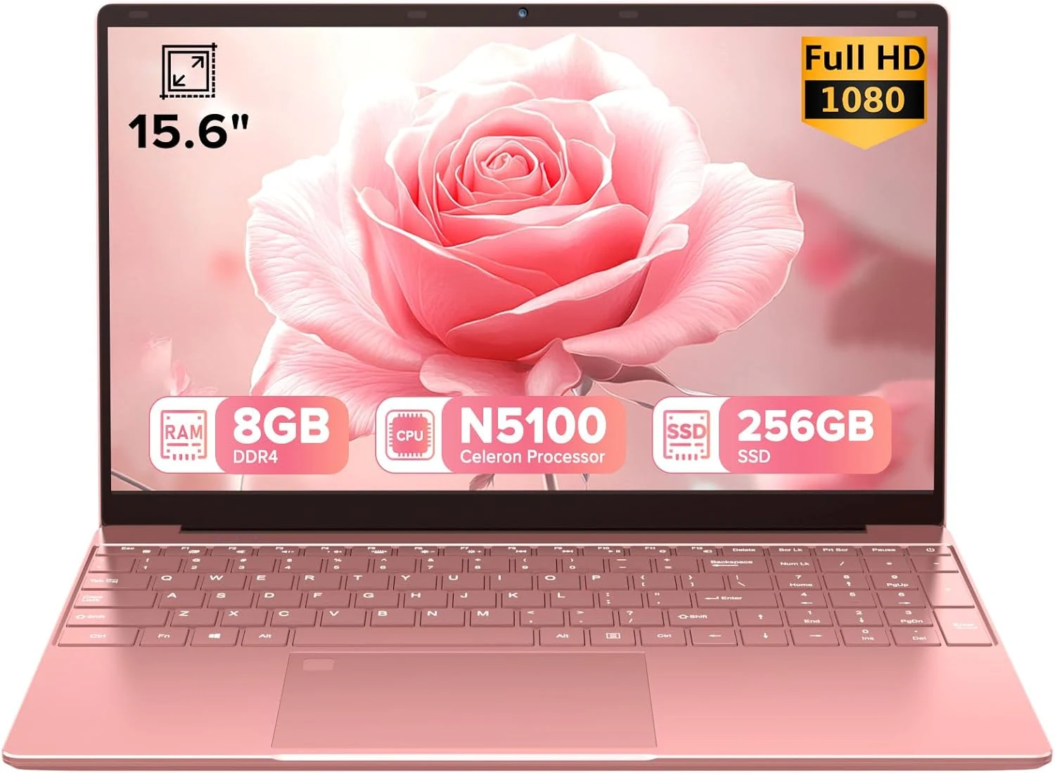 2026 Laptop 15.6" Rose Pink, Fingerprint & Backlit Keyboard with Numpad, 8GB RAM 256GB SSD, Quad-Core Processor (Up to 2.8GHz), 1080P FHD IPS