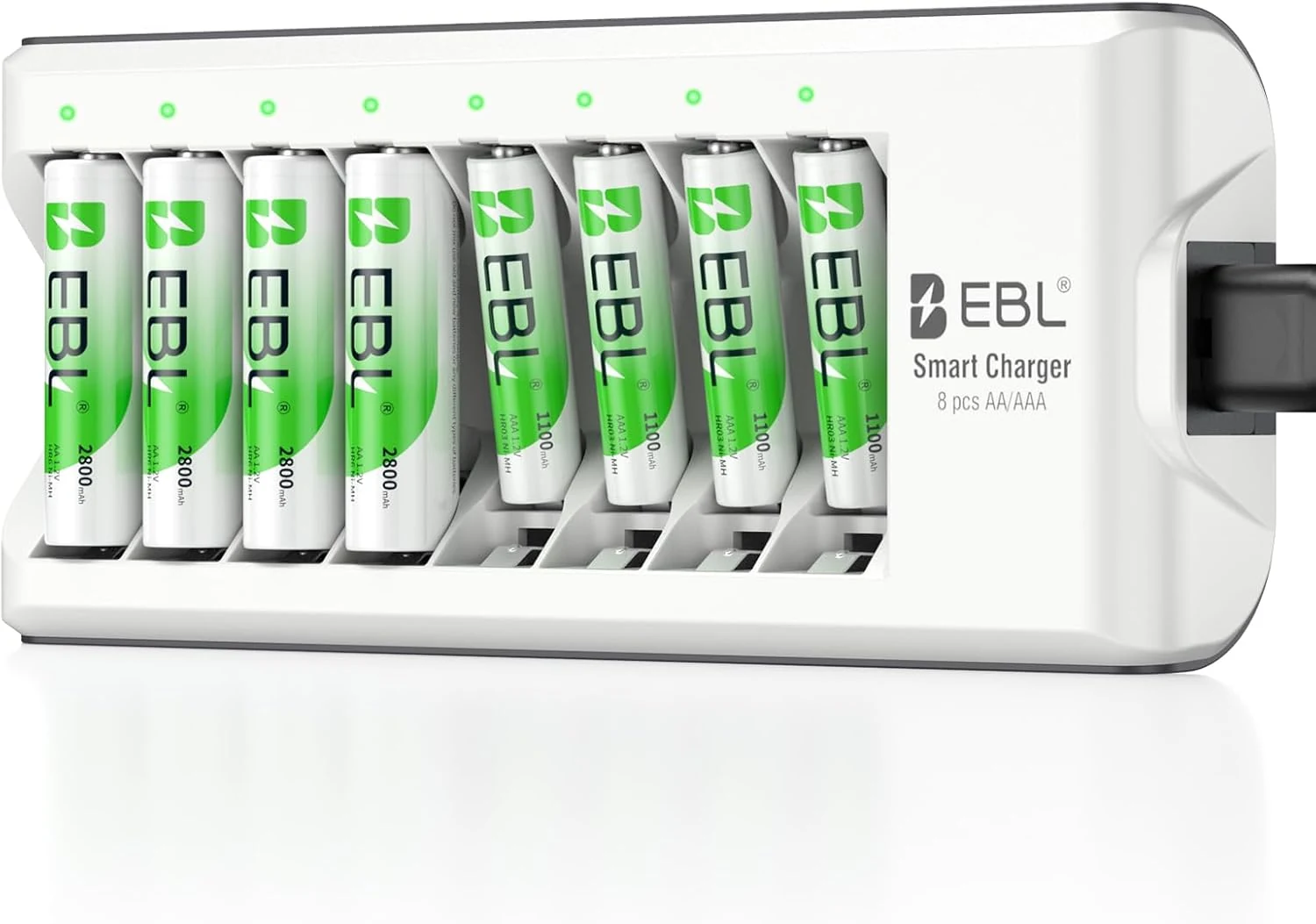 EBL Rechargeable Batteries with Charger (1.2V NiMH AA 2800mAh + AAA 1100mAh, 8-Bay)