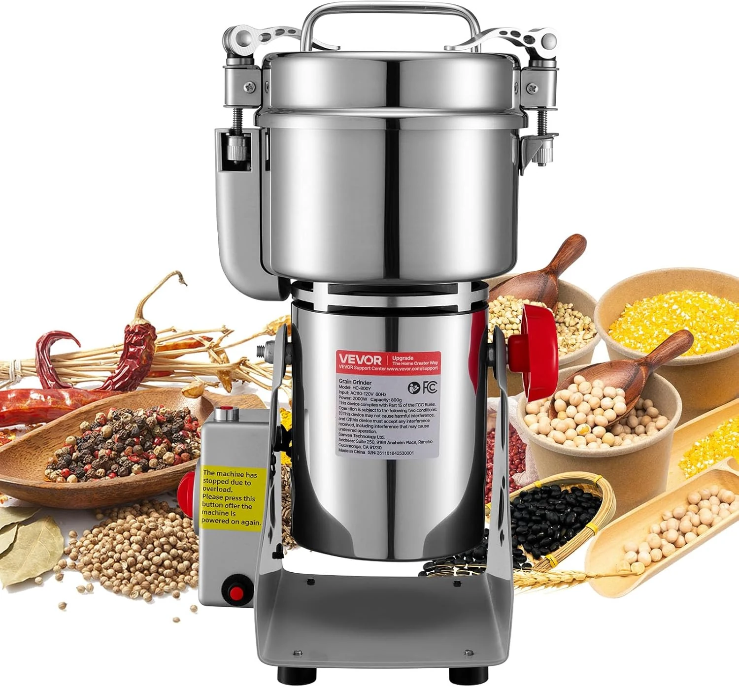 VEVOR Electric Grain Mill Grinder, 1.8 lbs Commercial Spice Grinders, High Speed 2100W Stainless Steel Pulverizer Powder Machine