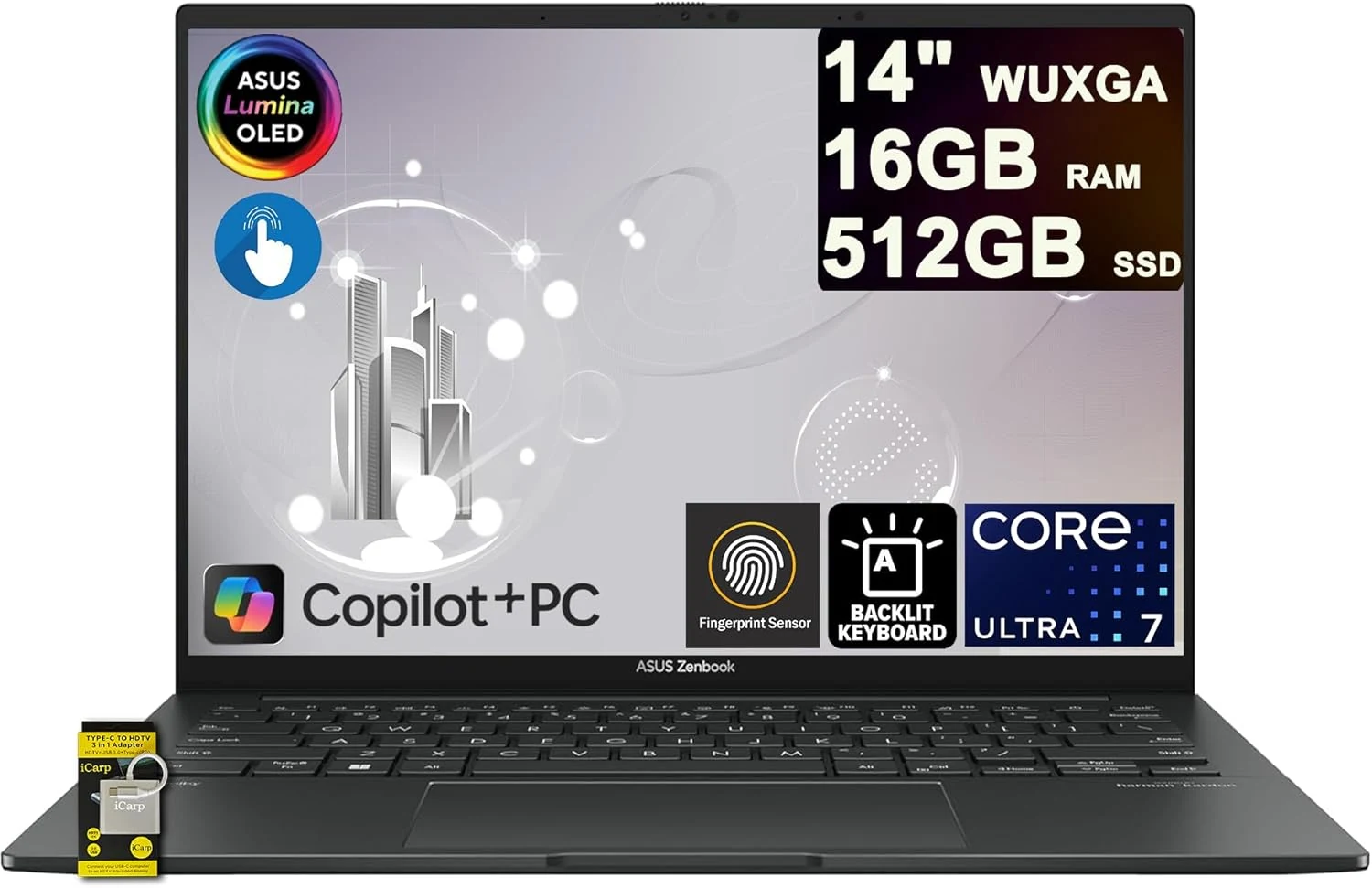 ASUS Zenbook 14 Laptop 14" WUXGA OLED Touch (500nits HDR, 100% DCI-P3) Intel 16-core Ultra 7 255H (Beats Ultra 9 185H) 16GB RAM 512GB SSD for Designer Business Professional Win11 ICP Hub