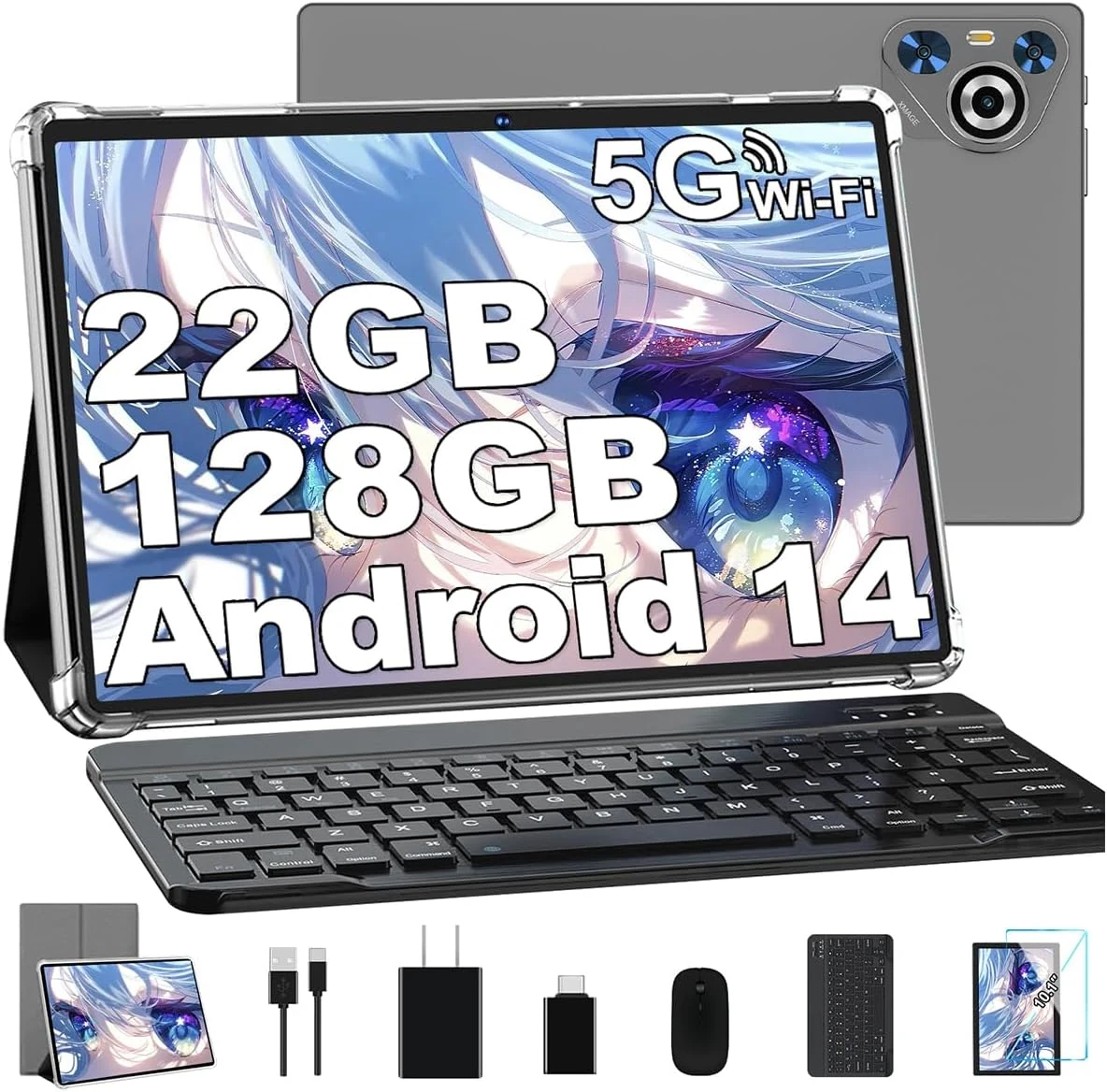 10 Inch Tablet, 22GB RAM+128GB ROM+1TB Expand, Android 14 Tablet with Keyboard and Mouse, 8000mAh Battery, 1280x800 IPS Display, Octa-Core CPU, Support BT5.0, GPS, WiFi - Gray