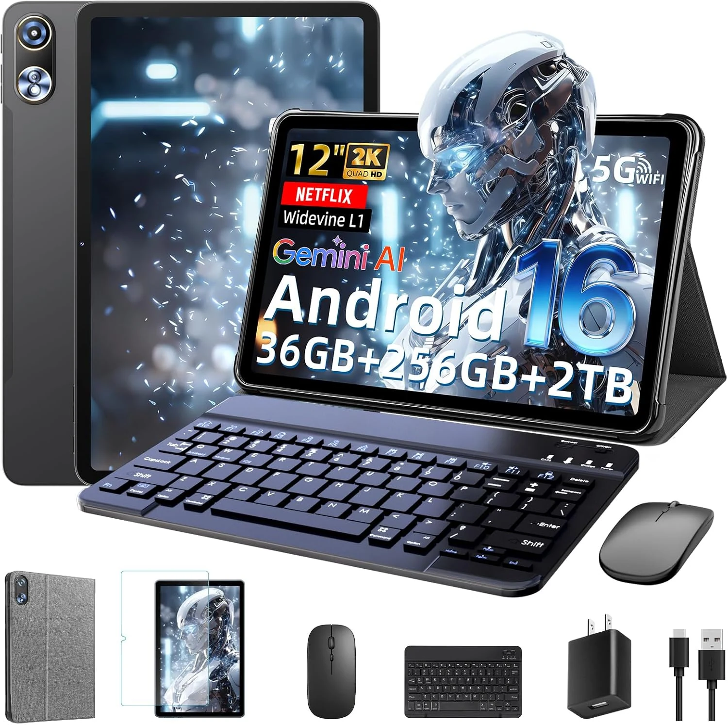 Raemond Android 16 Tablet 12 Inch with Keyboard, T7250 Octa-Core, 36GB RAM + 256GB ROM