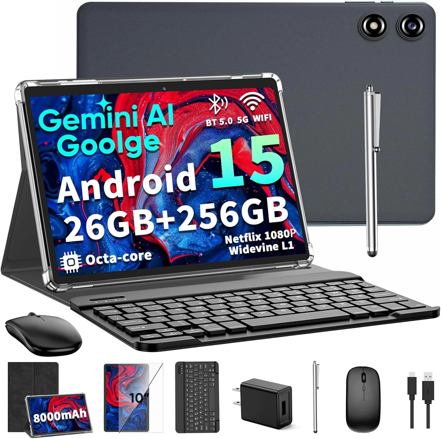 2026 10 Inch Android 15 Tablet with Keyboard, 26GB+256GB, 2TB Expand (YLEEBG)