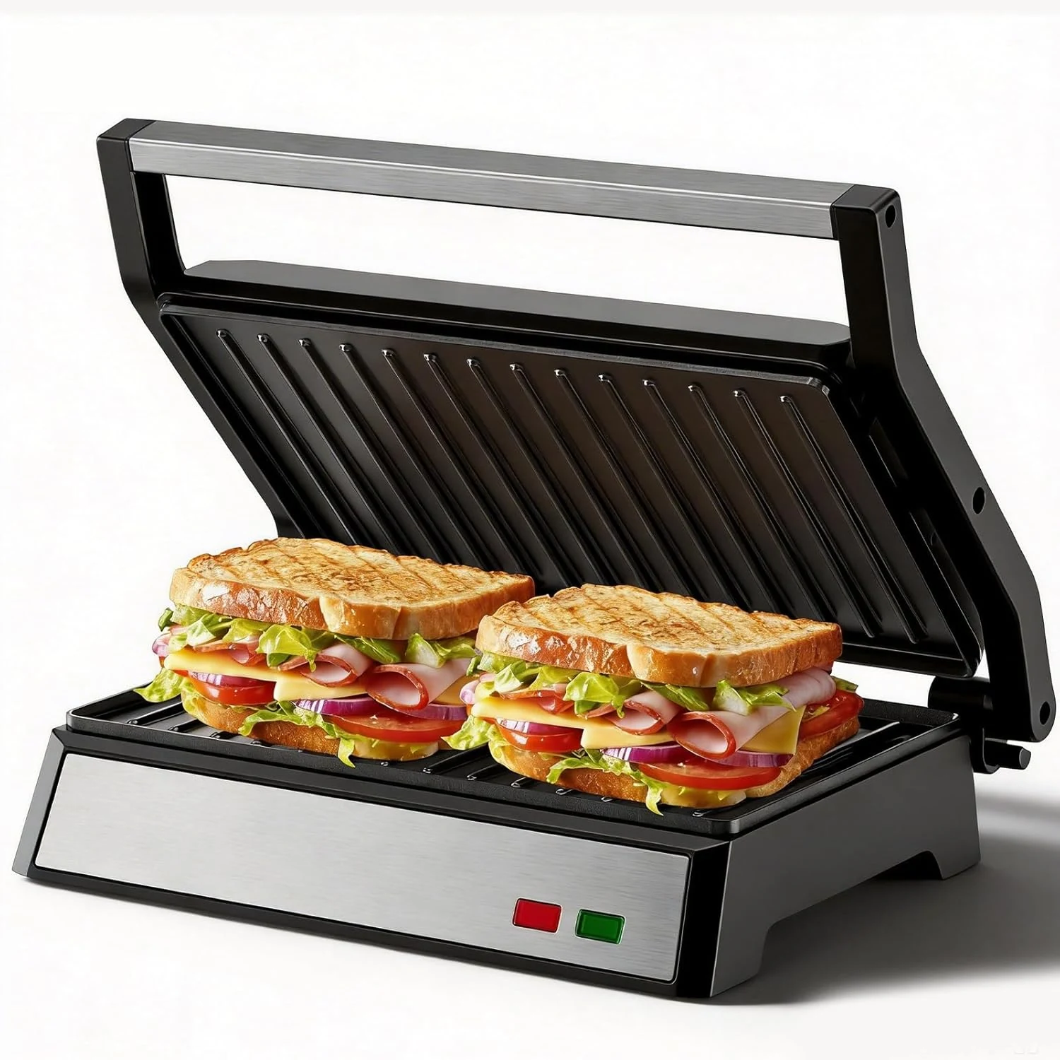 Panini Press Grill, 1200W Sandwich Maker with Non-Stick Plates, Standard 2-Slice Sandwich Press Electric Indoor Grill, Opens 180° to Fit Any Size of Food, Removable Drip Tray, Stainless Steel