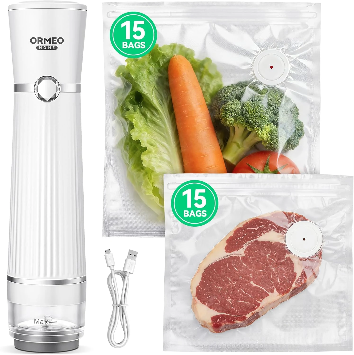 Compact Vacuum Sealer for Food, ORMEO HOME Powerful Handheld Vacuum Sealer (with 30 Reusable Vacuum Bags)