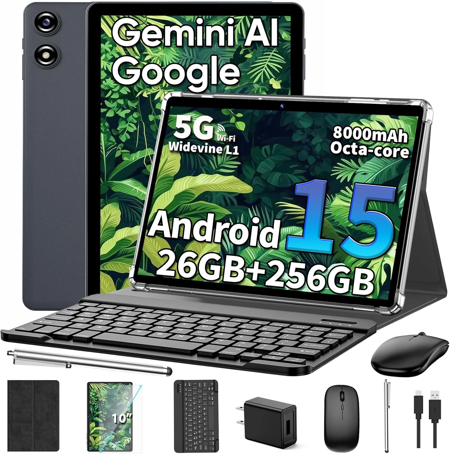 2026 10 Inch Tablet, Android 15 Tablet with Keyboard, 26GB+256GB+2TB Expand