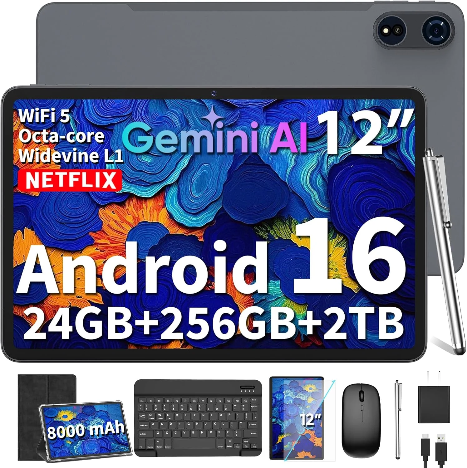 2026 12 Inch Large Tablet, Android 16 Tablet with Keyboard