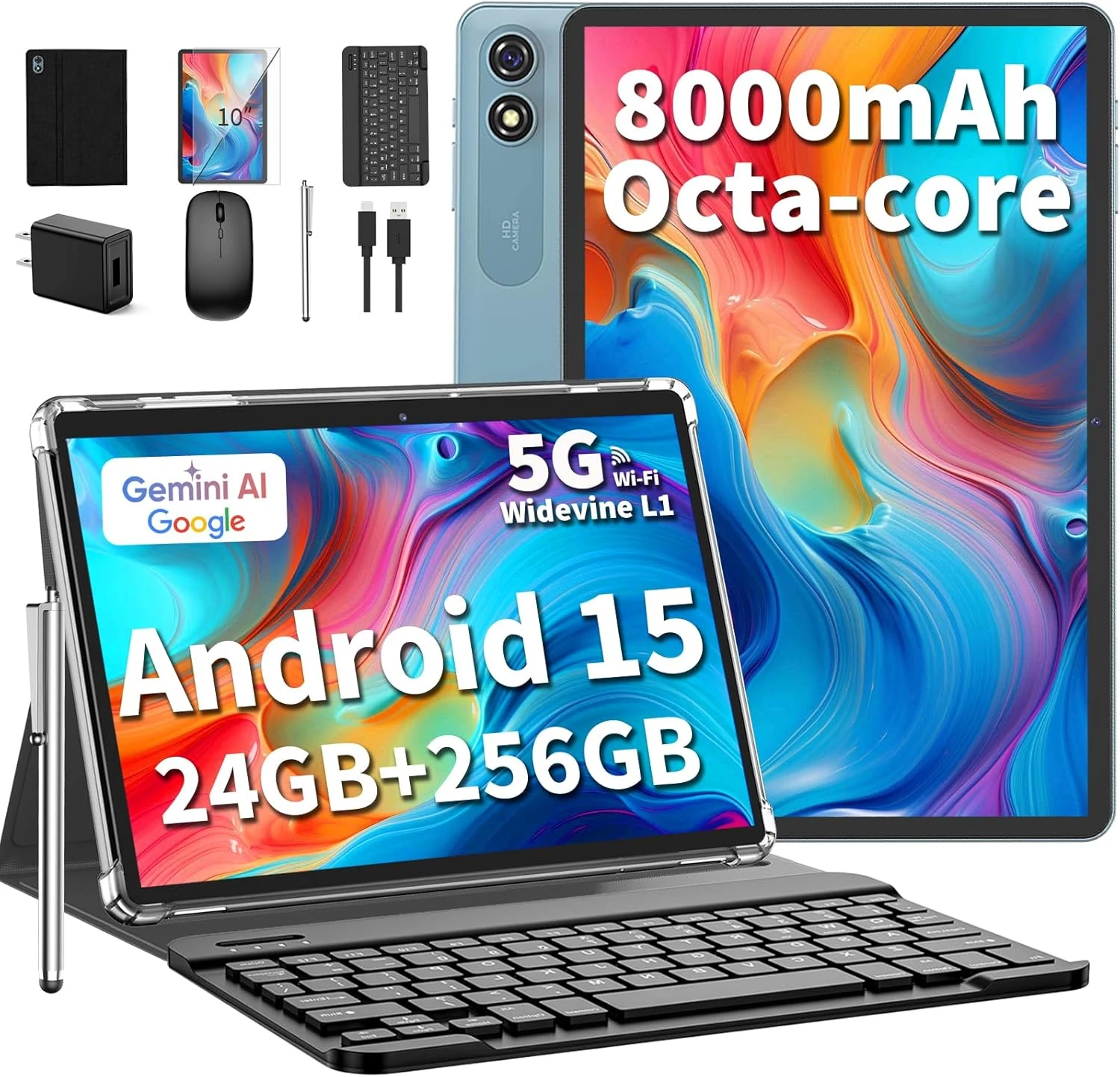 10 inch Android 15 Tablet, 2026 Tablet with Keyboard, 24GB+256GB+2TB
