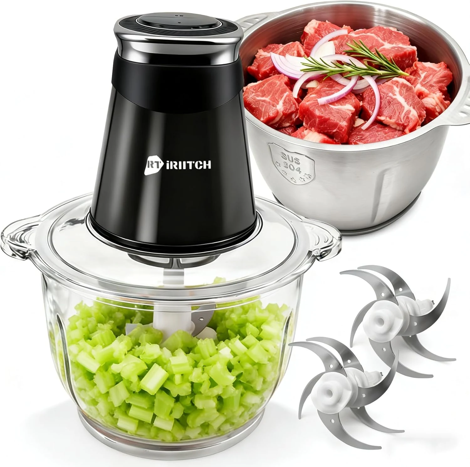 iRIITCH Food Processors, Electric Food Chopper with Meat Grinder & Vegetable Chopper (Dual Bowl, 500W)
