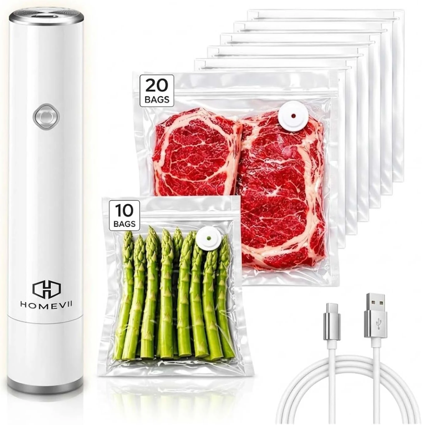 Compact Vacuum Sealer For Food (Vacuum Sealer Machine + 30 Reusable Vacuum Bags) One Touch Operation Sous Vide Portable Vacuum Sealer For Home Kitchen And Travel- USB Rechargeable