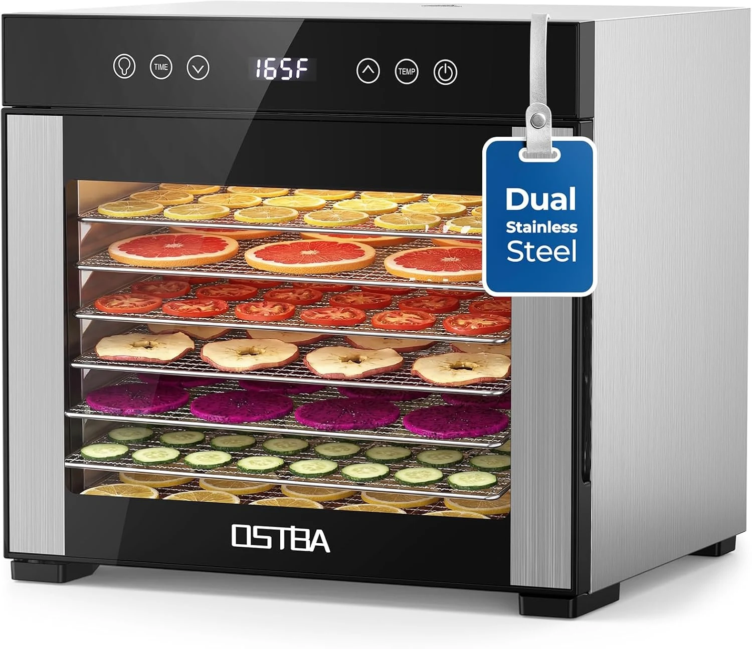 OSTBA Food Dehydrator, 8 Stainless Steel Trays, 95–165℉ Adjustable Temperature, 48h Digital Timer, Double-Layer Food Dryer for Fruit, Vegetable, Jerky, Herb