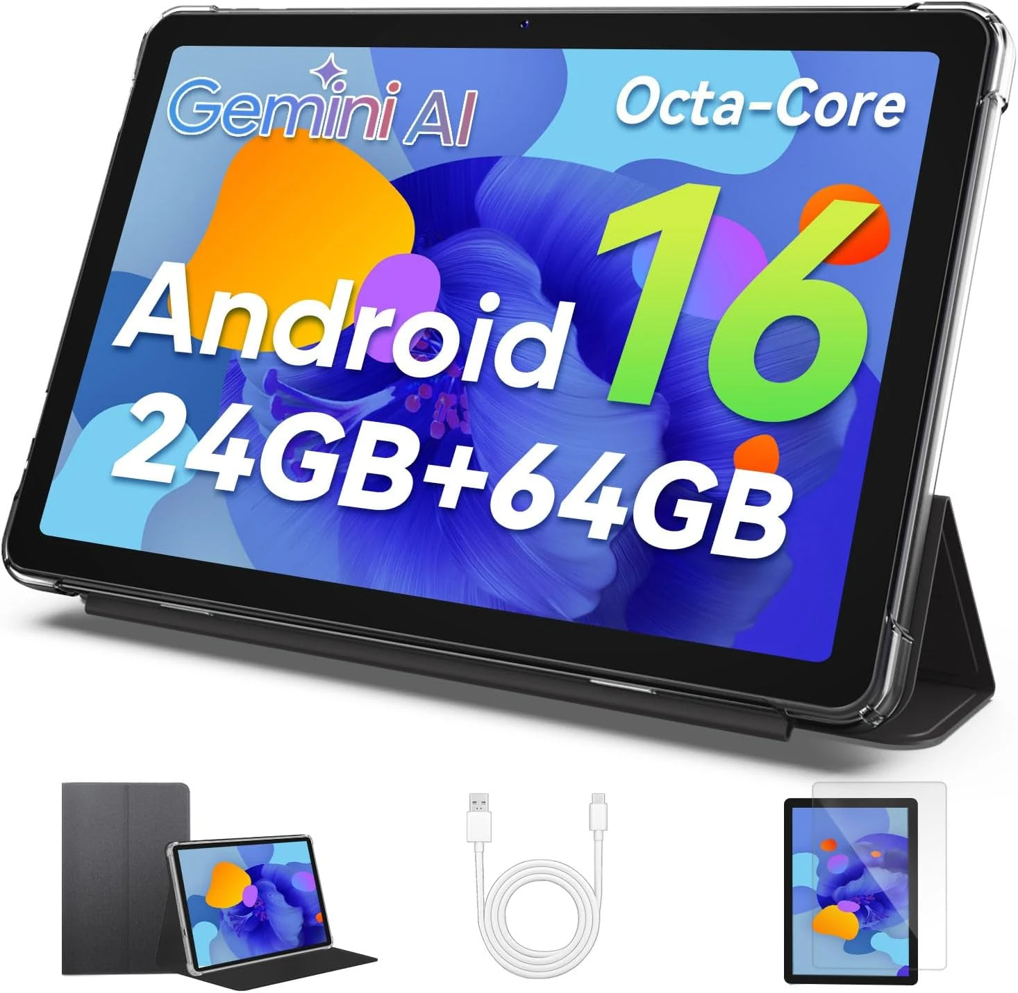 2026 Upgraded Android 16 Tablet 10.1 inch Tablet, Octa-Core Processor, 24GB RAM 64GB ROM 2TB Expandable, 1280x800 HD Touchscreen, GPS, WiFi, Dual Camera, Bluetooth, 6000mAh, Widevine L1 (Black)