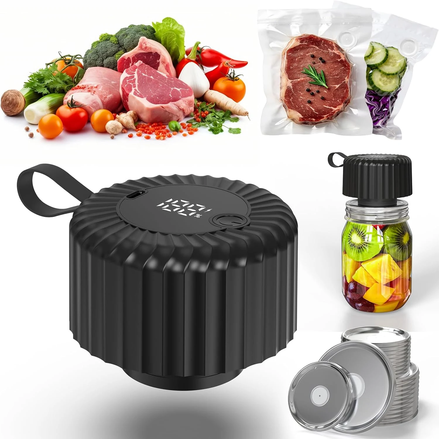 Mason Jar Vacuum Sealer, Food Saver Vacuum Sealer Machine(Lids Included) for Wide, Regular Mouth Mason Jars, Portable Automatic Canning Machine For Kitchen Food Storage(Black)