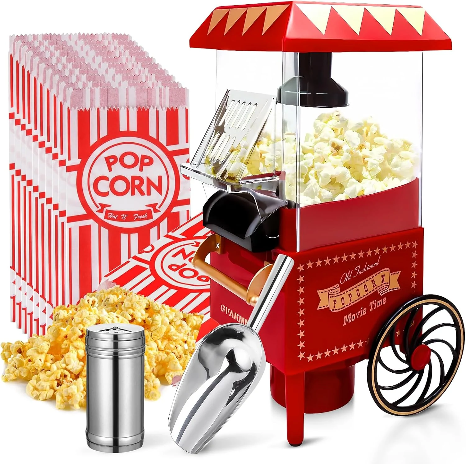GVAKMM Popcorn Machine, Hot Air Popcorn Maker Kit Gift Box, Portable Home Popcorn Popper Machine, 10-Cup, Oil-Free, Retro Style, Compact and Cute
