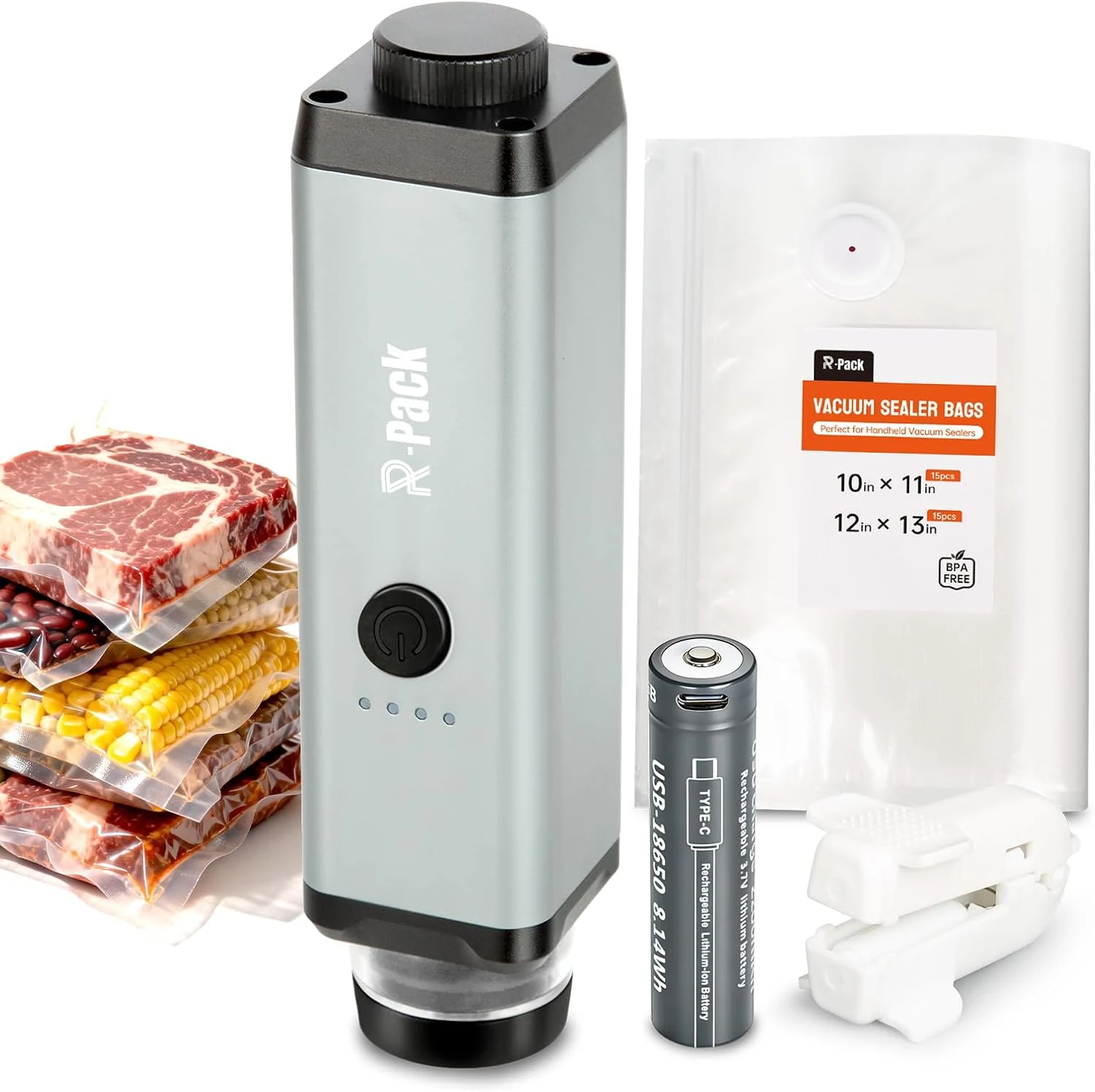 Handheld Vacuum Sealer Kit with 30 Reusable Bags, All-Aluminum Body, Replaceable Battery, Up to 2X Suction, Pressure Sensor Auto Stop, USB Rechargeable Portable Food Sealer