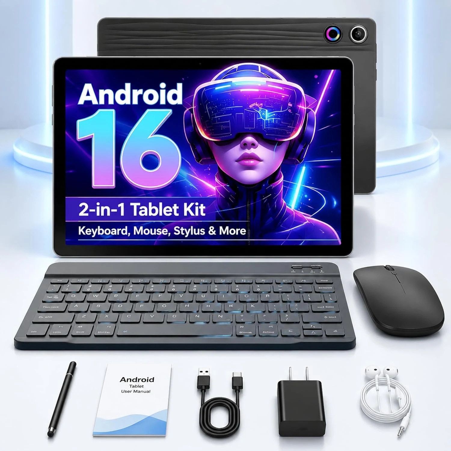Jeazans Android 16 Tablet 10.1 Inch, 2-in-1 Tablet Bundle with Keyboard, Wireless Mouse, Stylus, Leather Case, Dual Camera, 64GB Storage+1TB Expansion, 5G WiFi