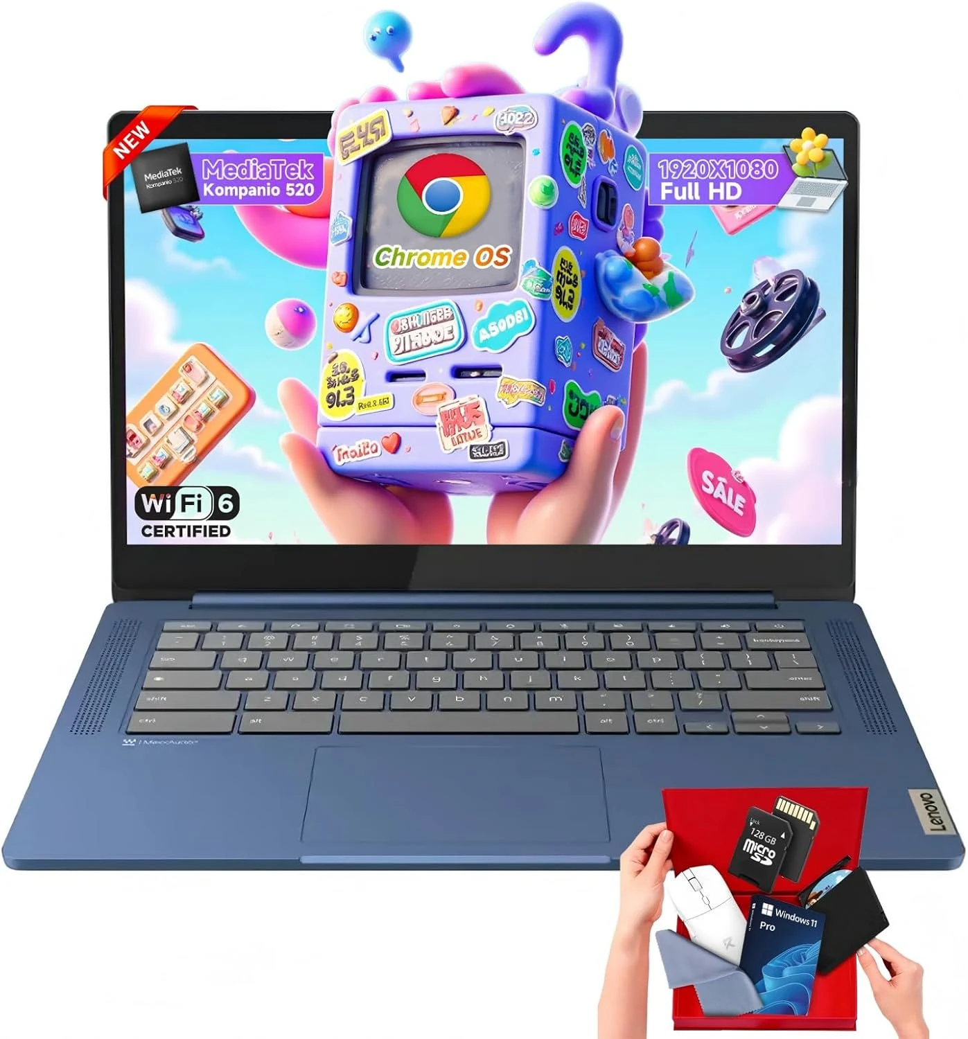 Lenovo Chromebook 14" Touchscreen Slim 3 Laptop Business Student, 4GB RAM, 320GB Storage (64GB eMMC+256GB Card), 8-Core MediaTek Kompanio 520, WiFi 6, Chrome OS