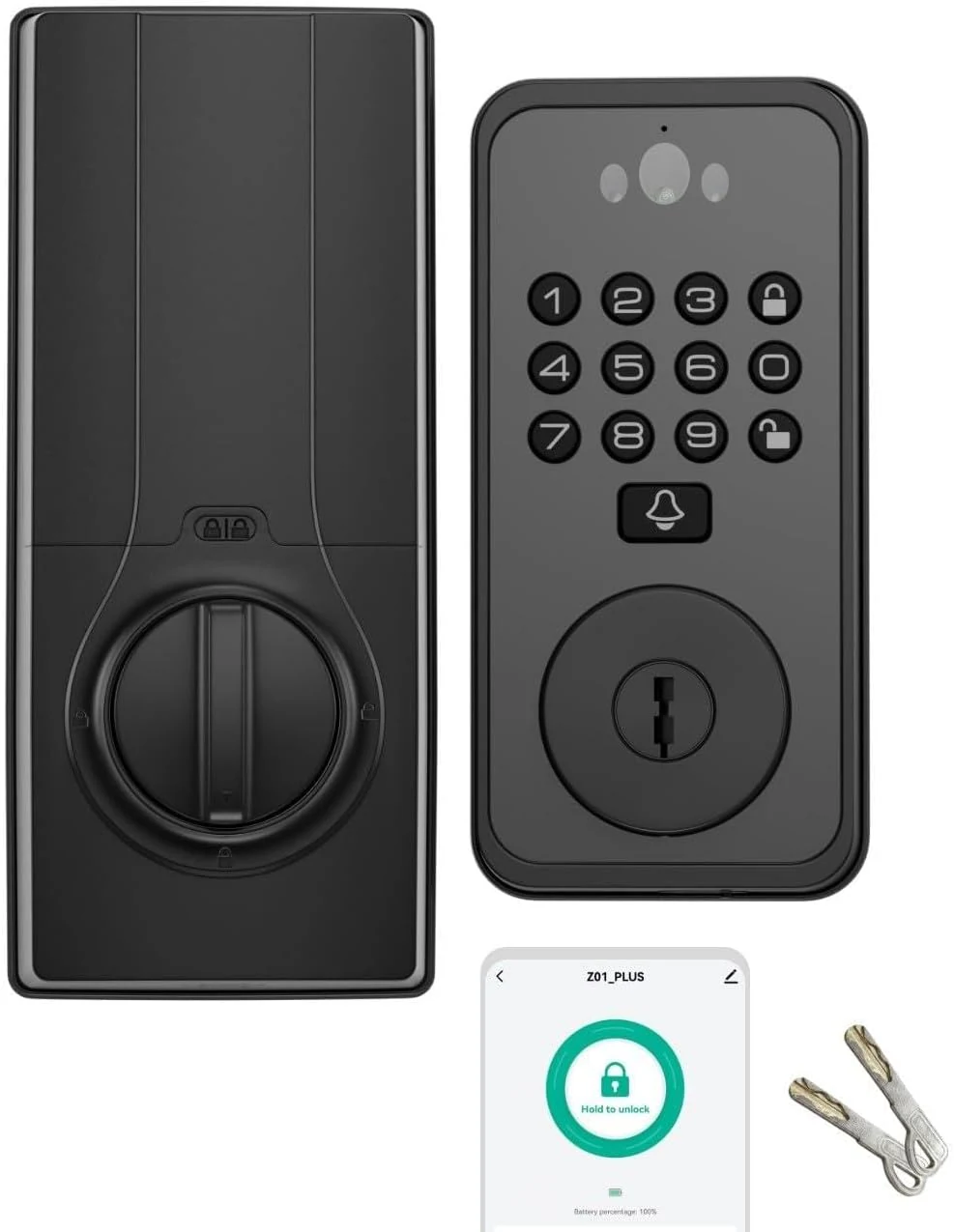 Smart Door Lock with Face & Palm Vein Recognition, Ultra-Wide Peephole Video Doorbell, Keep-Alive WiFi, Tuya App Control, Keyless Entry with Rechargeable Battery for Front Door