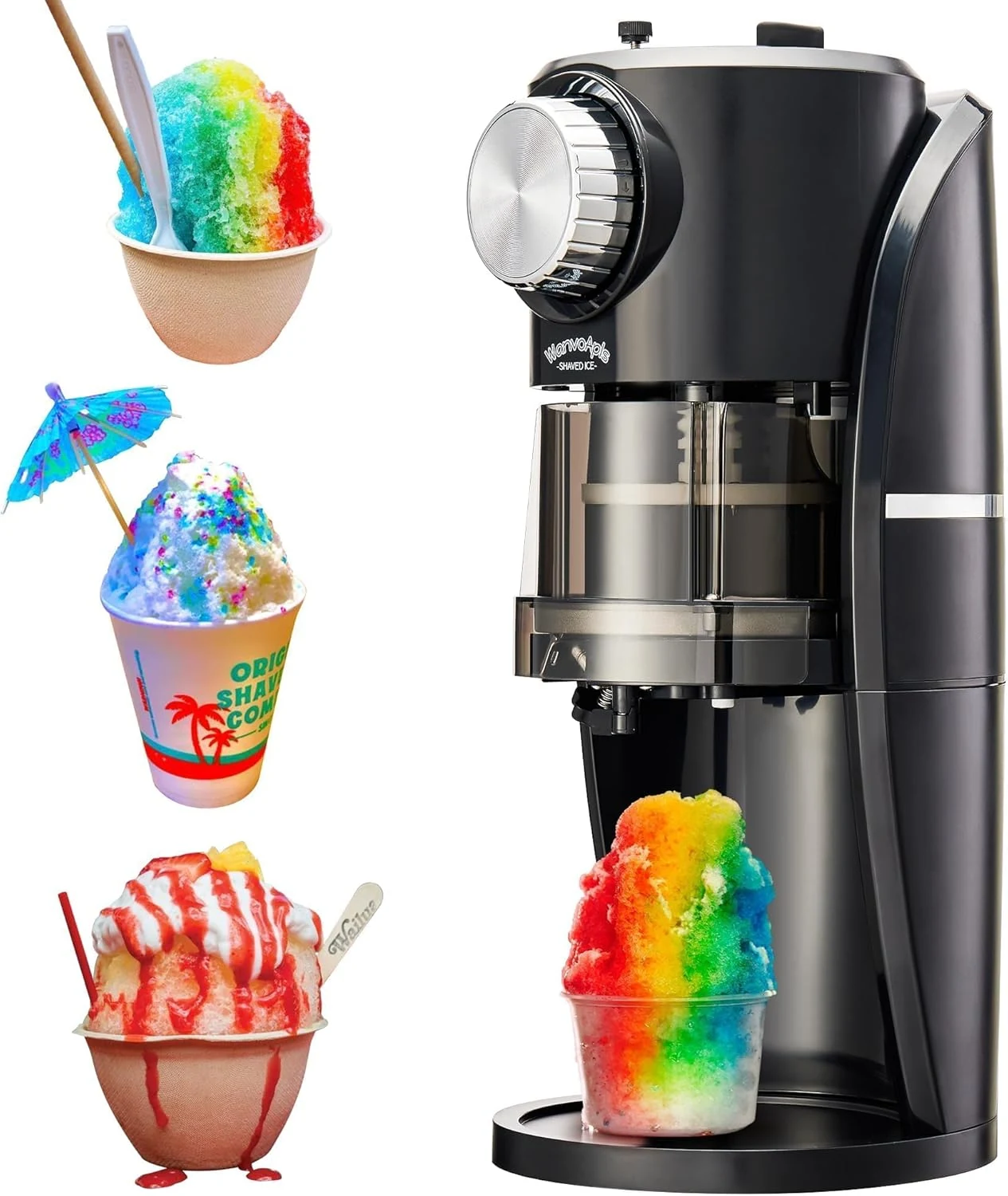Snow Cone Machine - Shaved Ice Machine Equipped With Stainless Steel Blade Adjustment Knob to Freely Adjust the Thickness of the Snowflakes and 2 Reusable Plastic Ice Mold Cup (Black)