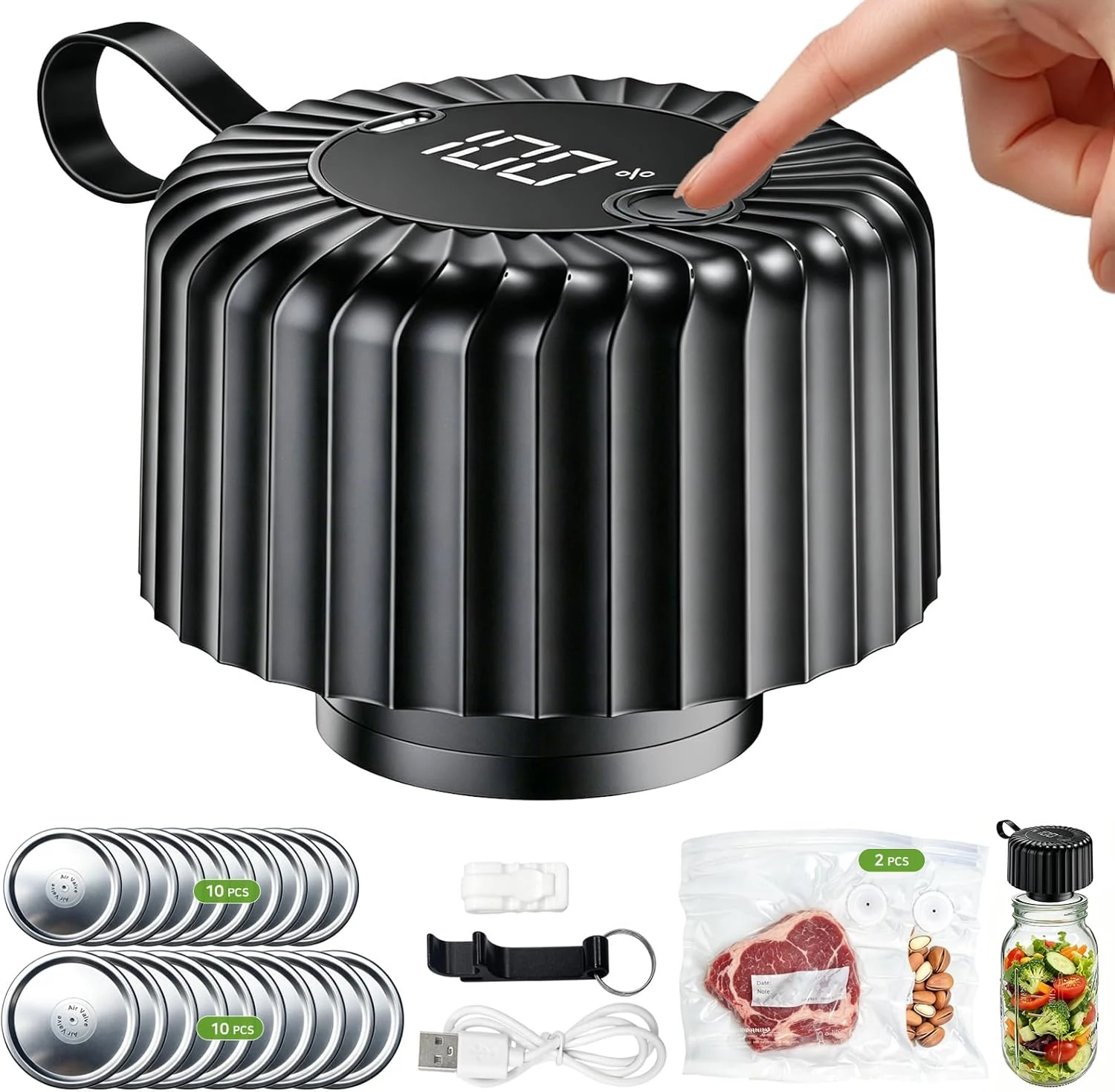 Xinyonxin Electric Mason Jar Vacuum Sealer Kit - Portable One-Touch Automatic Food Sealer for Wide & Regular Jars (Black)