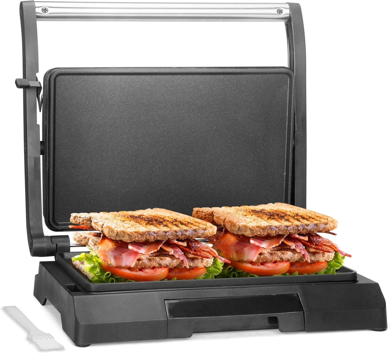 Baker's Friend Mini Panini Press Electric Griddle, Sandwichera Electrical for Pancakes & Eggs, 2 Slices of Panini Grill Press Sandwich Maker Press, Stainless Steel, Non Stick Surfaces, Oil Tray
