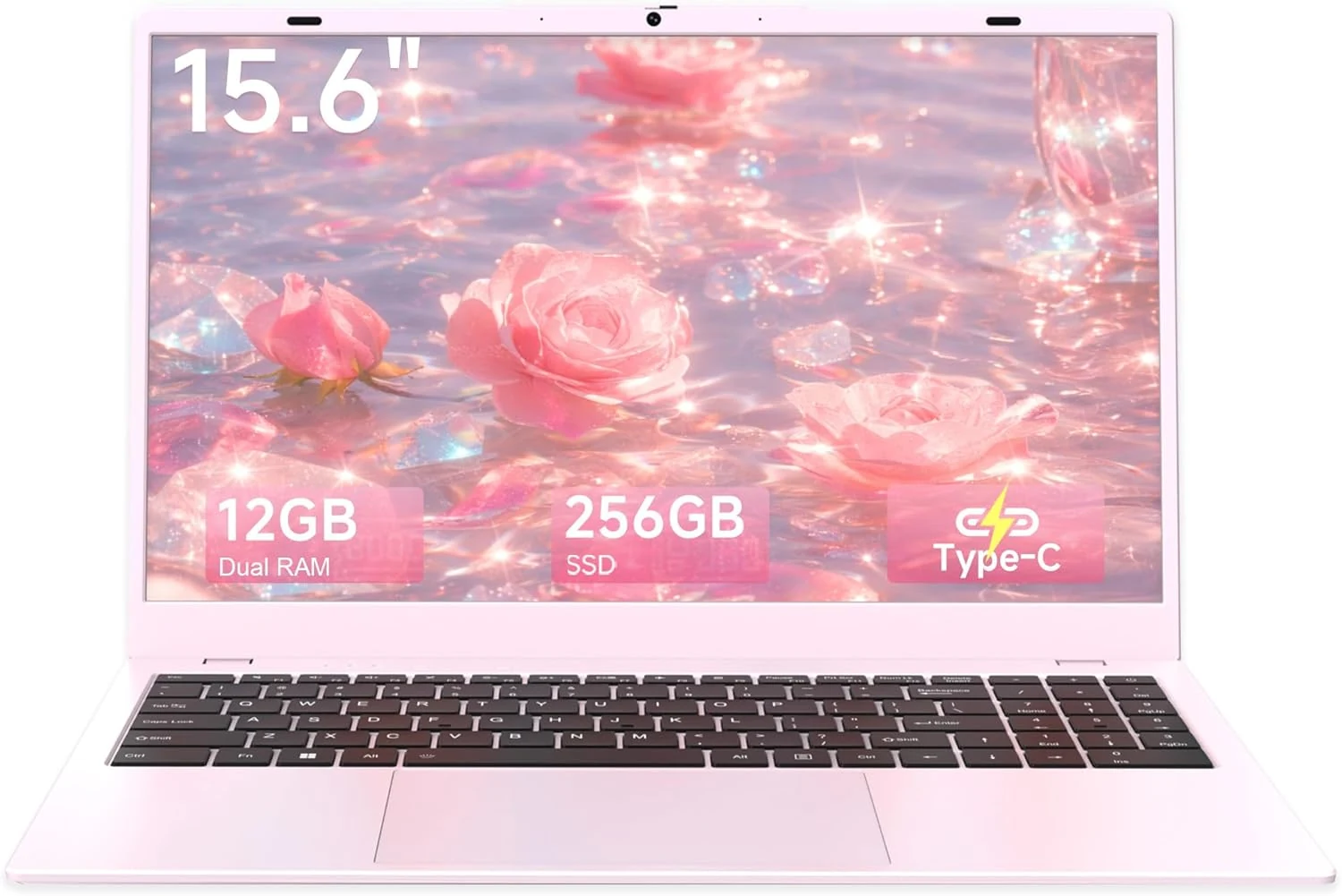 Pink Laptop Computer for Students, 15.6 Inch FHD IPS Display, 12GB RAM 256GB SSD, Lightweight Laptop for School, Online Classes & Everyday Use, Pentium Gold 6500Y up to 3.4GHz, WiFi 5, USB-C