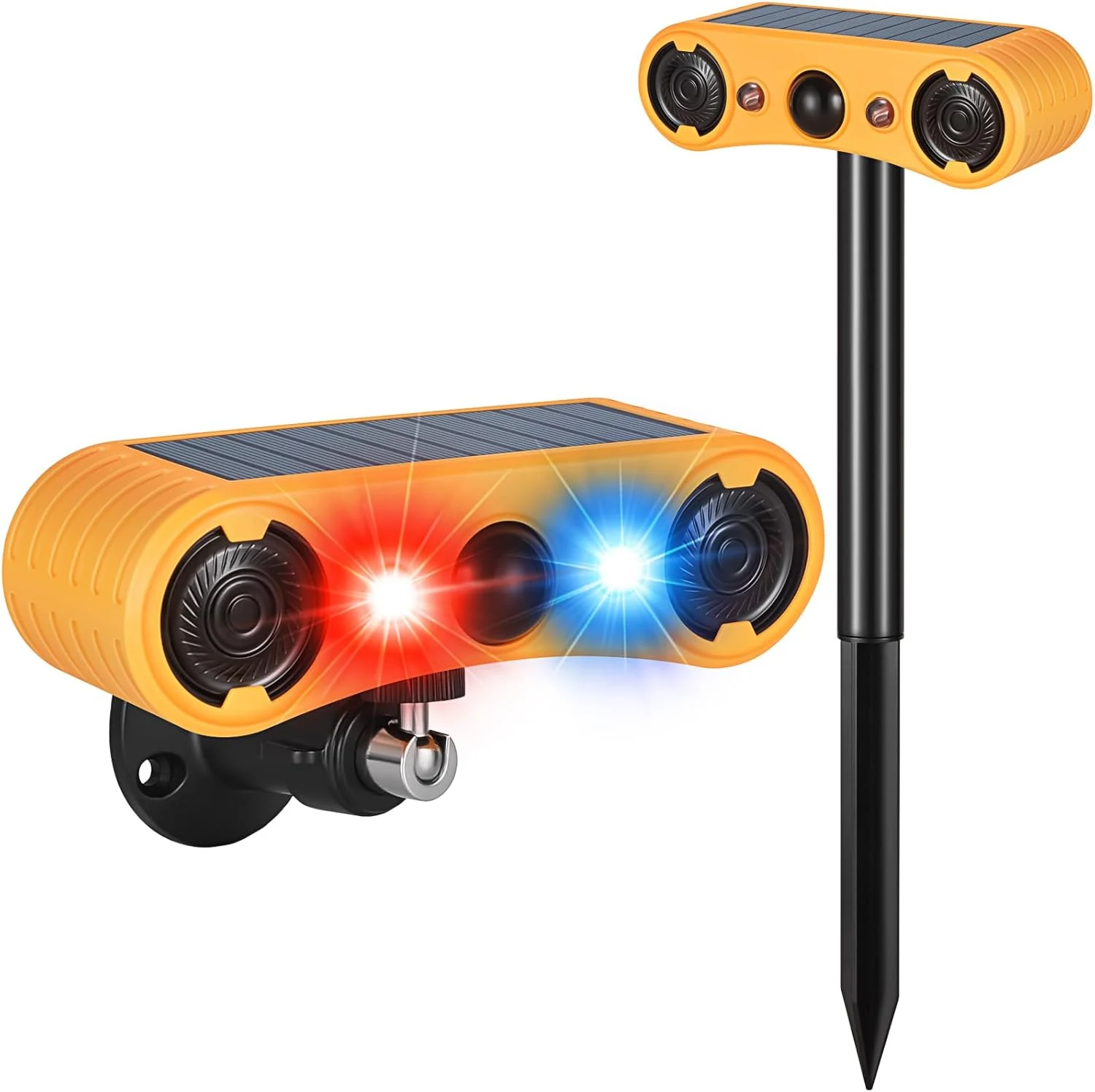 Solar Motion Sensor Alarm Outdoor, Red & Blue LED Strobe Light with 130dB Dual Speakers, 13 Loud Sounds Dog Barking & Siren
