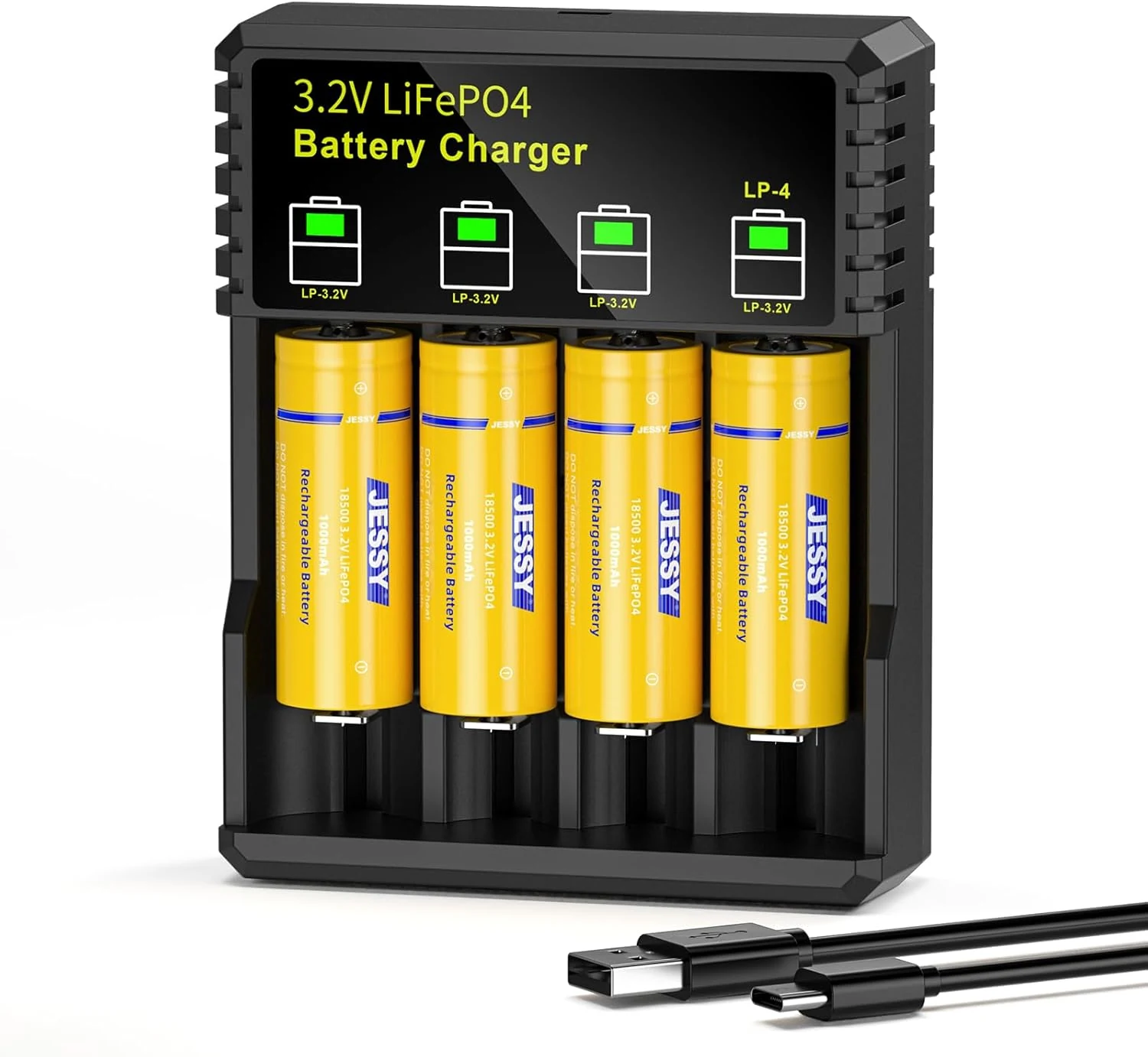 JESSY 18500 3.2V LiFePO4 Rechargeable Batteries, 18500 3.2V 1000mAh Rechargeable Battery with Charger for Outdoor Solar Lights, Garden Solar Lights, Flashlight 4-Pack