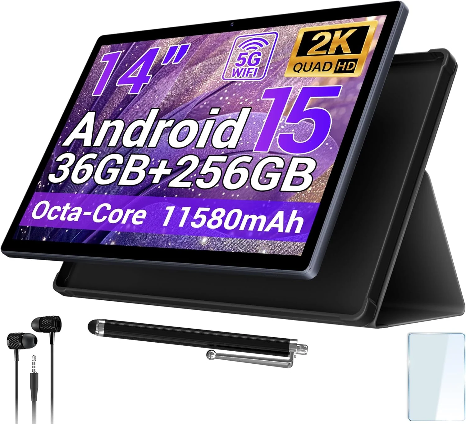 2025 14 Inch Android 15 Tablet with Stylus, 2K FHD Display, 36GB RAM 256GB ROM (1TB TF), 11580mAh Battery, MT6769 8-Core 2.0GHz, 4 Speakers, 8+13MP with Earphones, FM Radio, GPS (Gray)