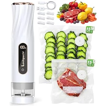 1800mAh Compact Vacuum Sealer for Food (Vacuum Sealer Machine + 30 Reusable Bags), 80kPa Powerful Handheld Food Sealer With LCD-Display, Visible Water Tank Portable Seal Meal Saver (White)