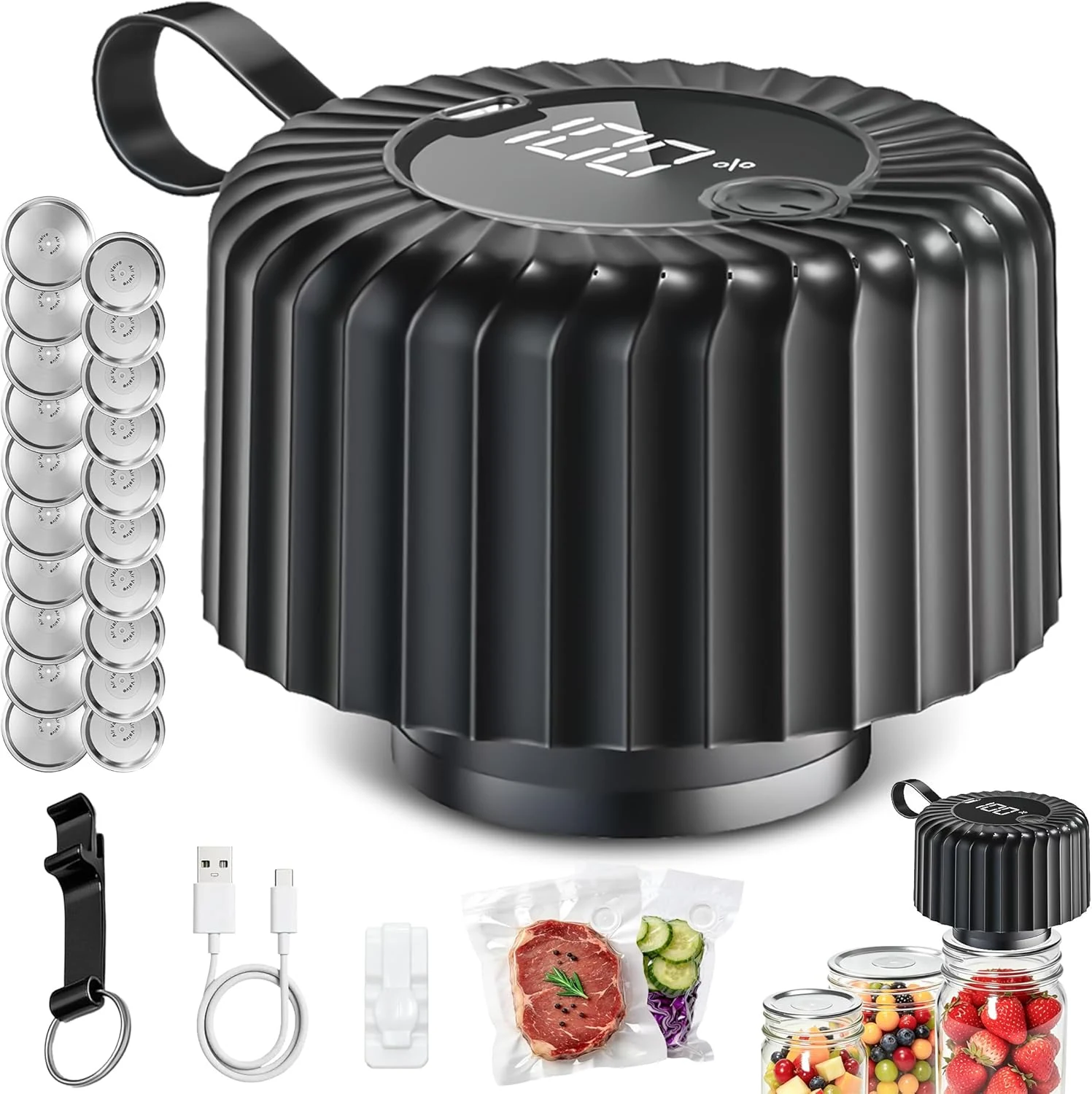 Electric Mason Jar Vacuum Sealer, 80kPa Strong Suction, Digital Display, One-Touch Operation, Rechargeable Canning Sealer Kit for Wide & Regular Mouth Jars