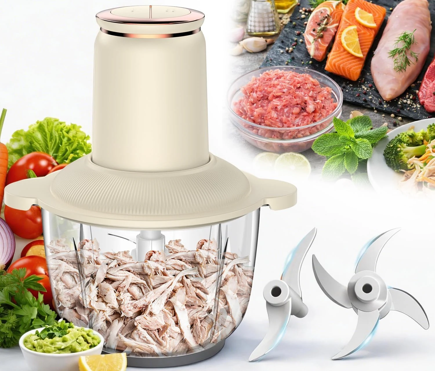 Food Processors 300W Electric Chicken Shredder Meat Grinder with Dual Blades and Full Copper Motor, 2L Food Chopper