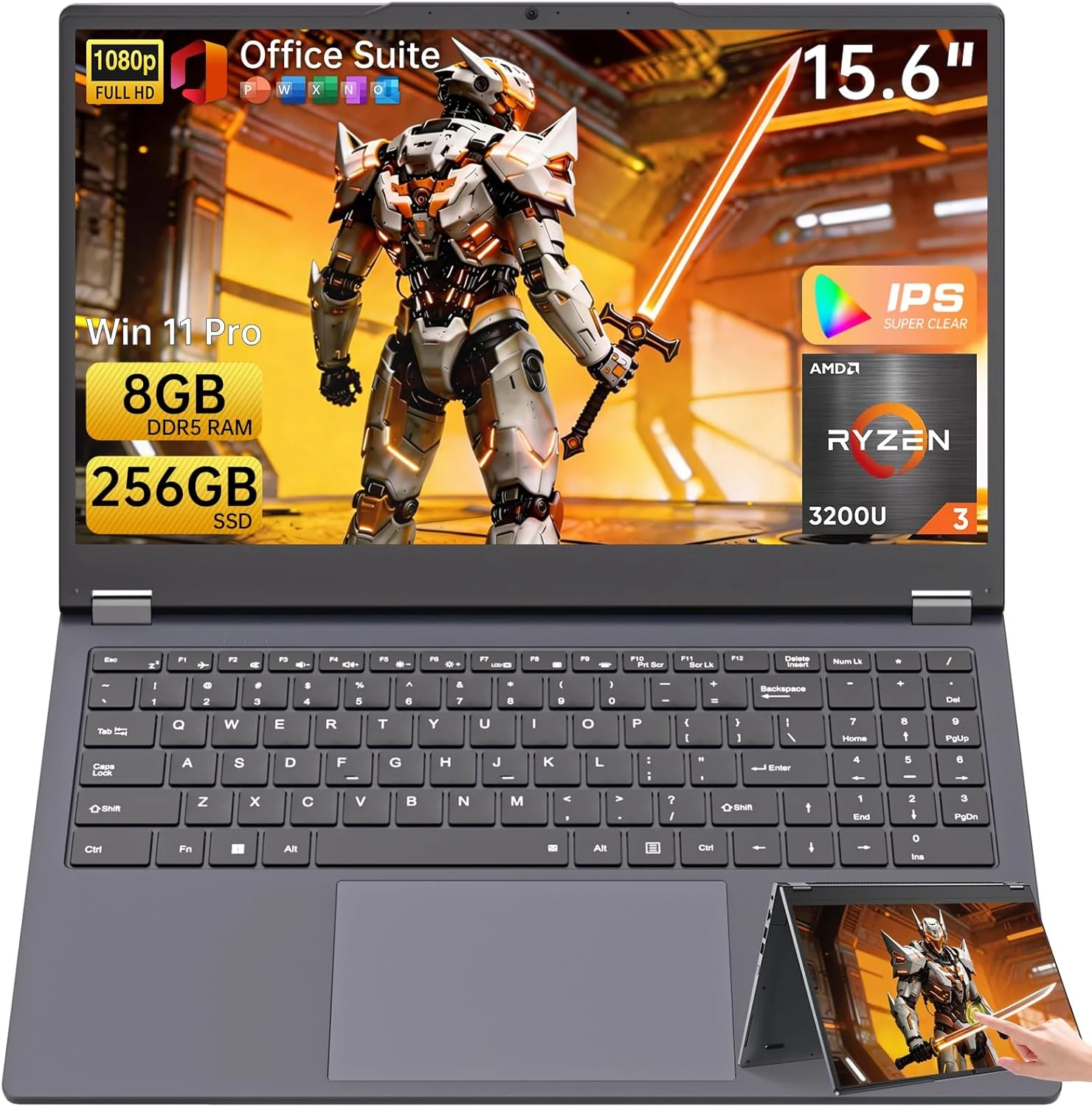 15.6" Laptop Computer, 8GB DDR5 RAM 256GB SSD AMD Ryzen R3 3200U (up to 3.5 GHz) 360° Yoga FHD IPS Touchscreen 2 in 1 Notebook (Win 11 Pro)