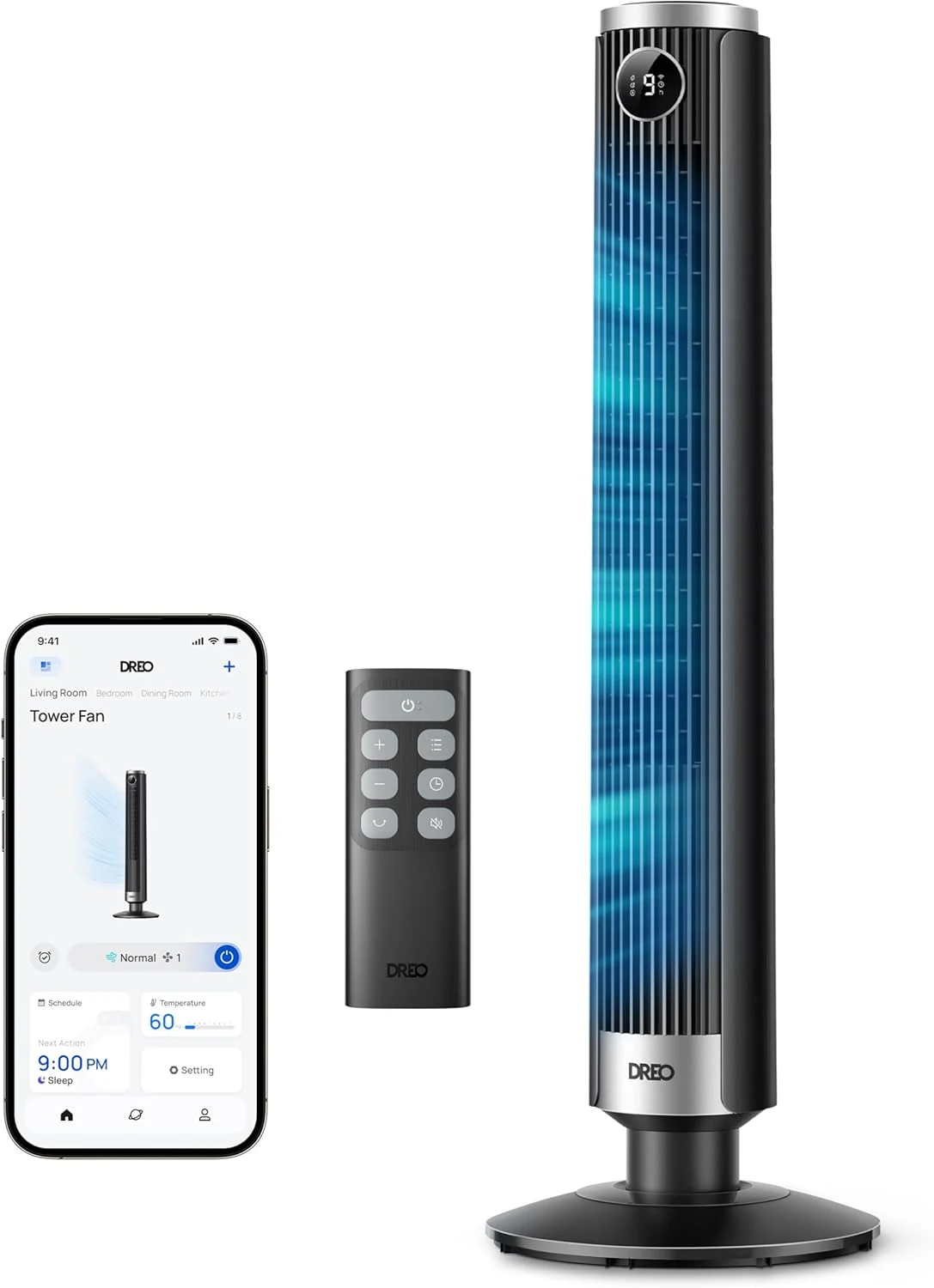 DREO Smart Tower Fan for Bedroom, 40”-45” Adjustable Height, 28 ft/s Velocity, DC Motor, 9 Speeds, 4 Modes, 90° Oscillating, Standing Fan, 20dB Quiet, 12H Timer, Google/Alexa (Black)