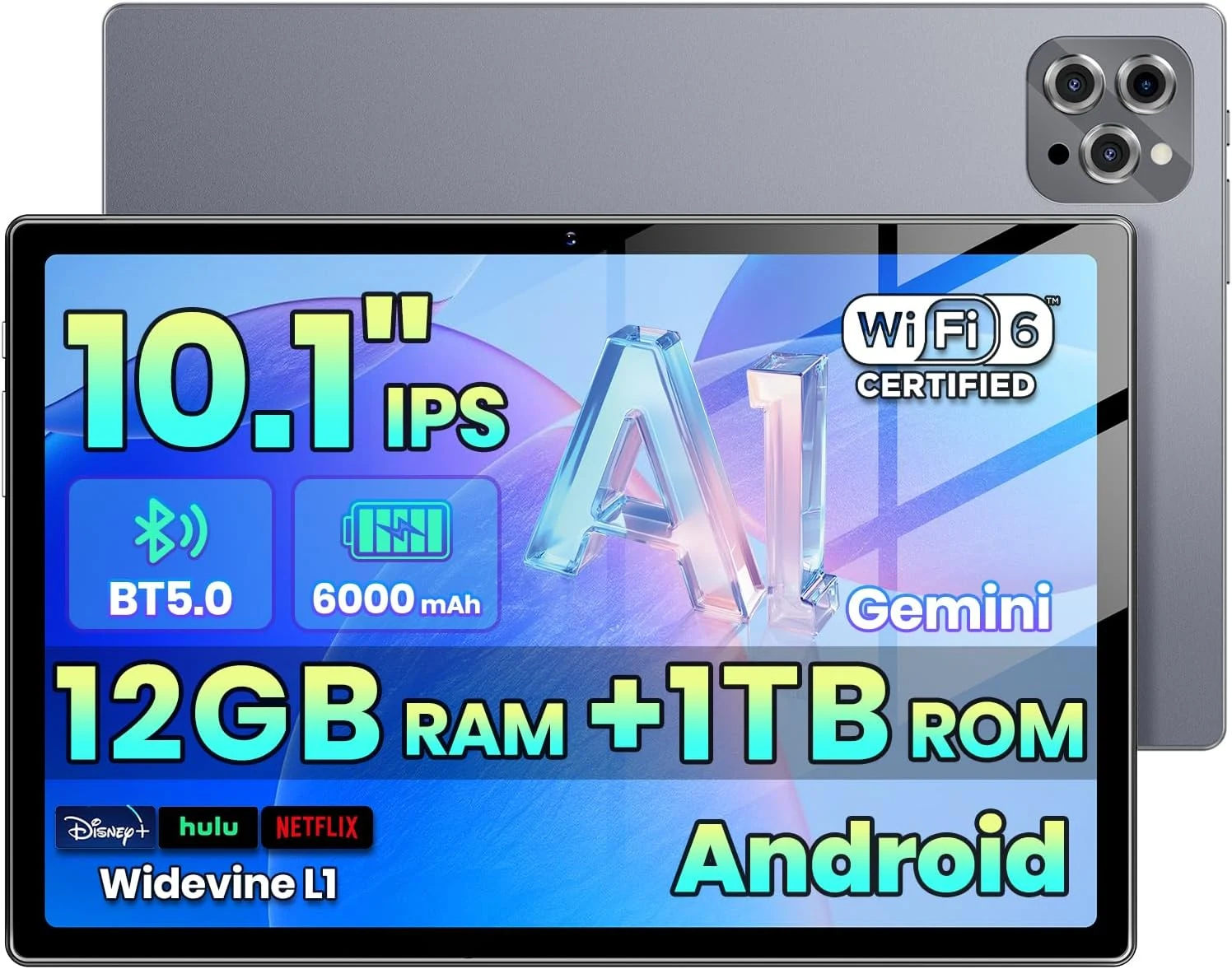 2026 Android 15 Tablet with Gemini AI,16GB+1TB Expand, 10.1 inch Tablet (Gray)