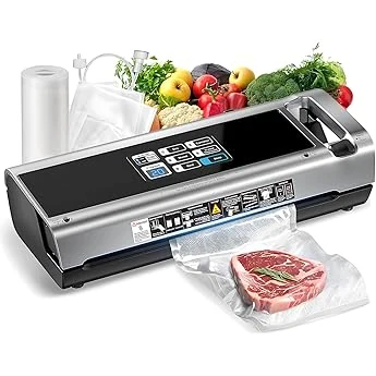 Vacuum Sealer Machine 75KPa Food with 6-in-1 Dry/Moist Modes & Built-in Cutter + 10 Bags (white)