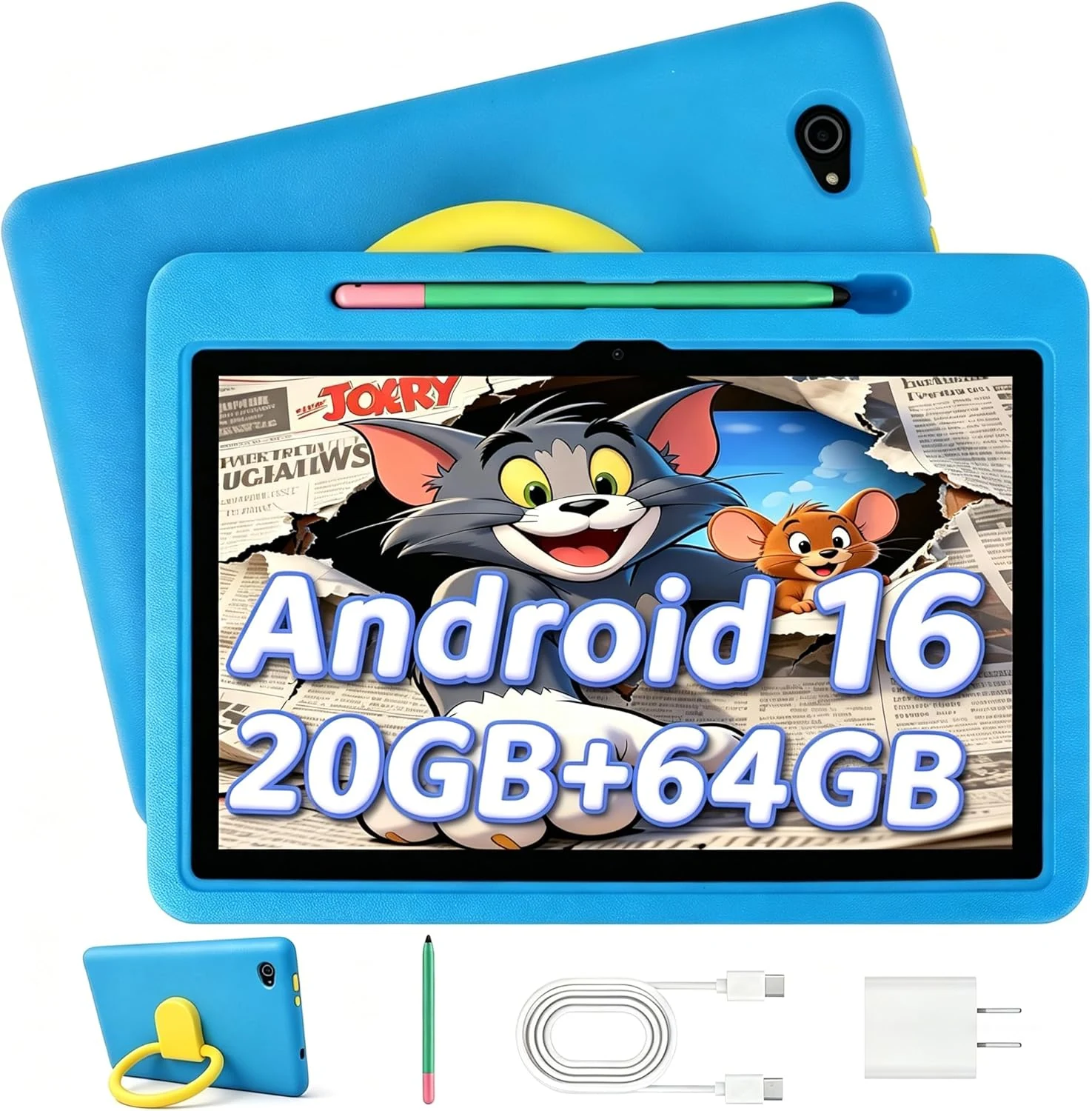 2026 Upgraded Android 16 Kids Tablet, 10 inch Tablet for Kids with 20GB RAM 64GB ROM 1TB Expand, 6000 mAh Battery, Parental Control, UKIDOZ Kids Space, Widevine L1 HD, Protective Case Pen（Blue）