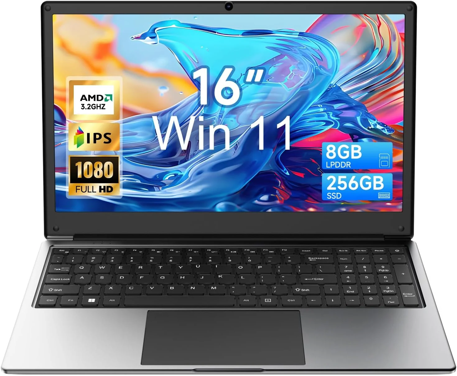 16 inch Laptop Computer, 8GB RAM 256GB SSD Storage Laptop PC with AMD A9 Processor, IPS FHD Display, Win11, 9000mAh Battery