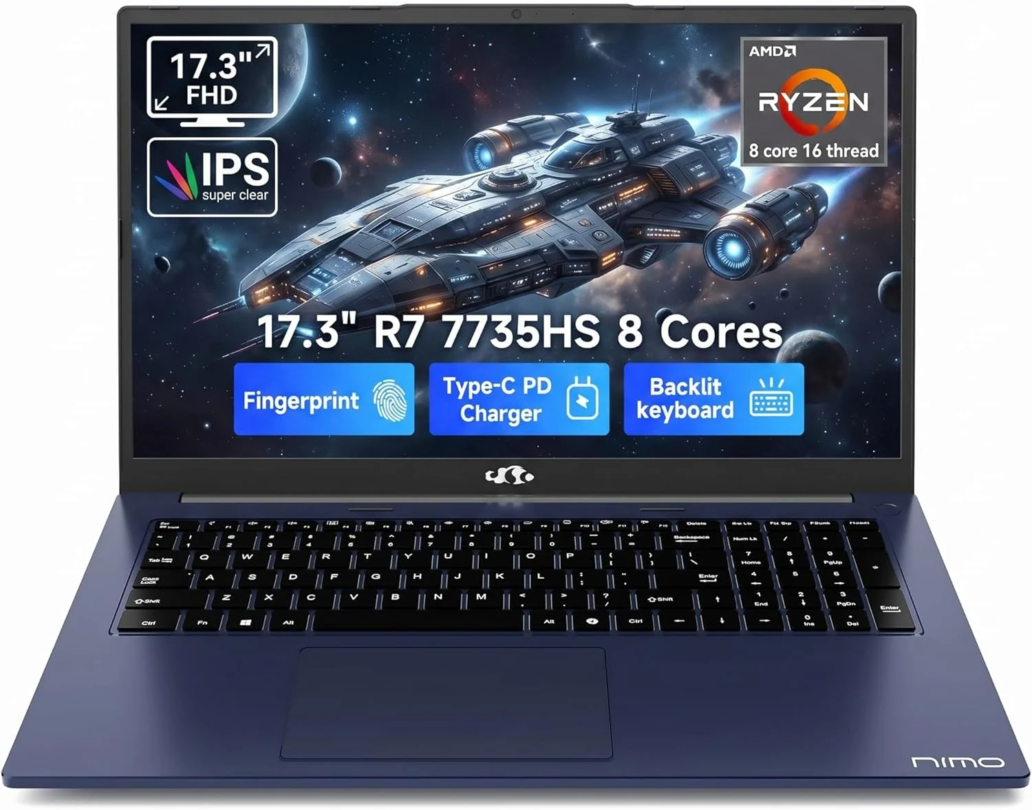 NIMO 17.3" Gaming Laptop, AMD Ryzen 7 7735HS (8C/16T, Up to 4.75GHz)