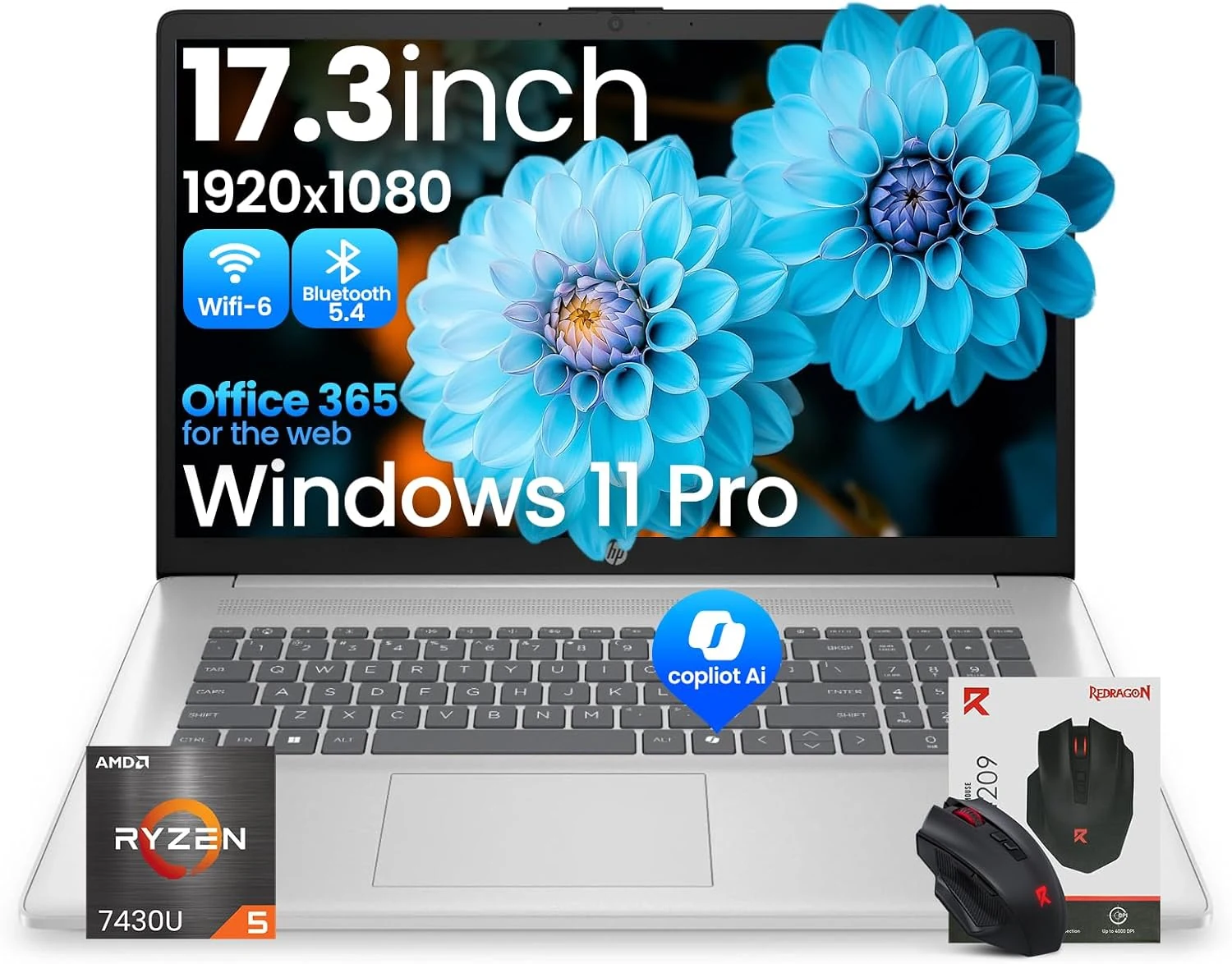 HP 17 inch laptops, AMD Ryzen 5 7430U(Beats i7-1255U), 20GB RAM 512GB SSD, Windows 11 Pro, 17.3" FHD IPS 300Nits Display, Copilot AI, HDMI, Wi-Fi 6 & BT 5.4, Office 365 for the Web, Accessory kit