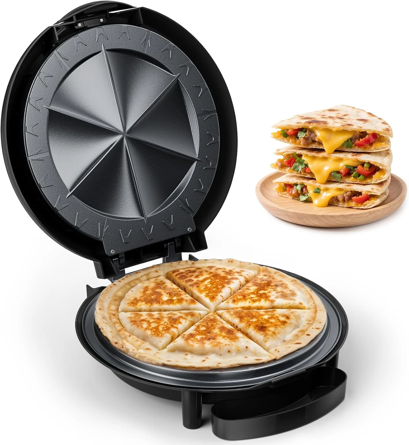 Electric Quesadilla Maker, 11' Quesadilla Press with Extra Stuffing Latch, Easy Slice 6 Wedge, Nonstick Plates, Easy to Clean, Non-Slip Feet, Grilled Cheese Corn Flour Tortilla Snacks, Black