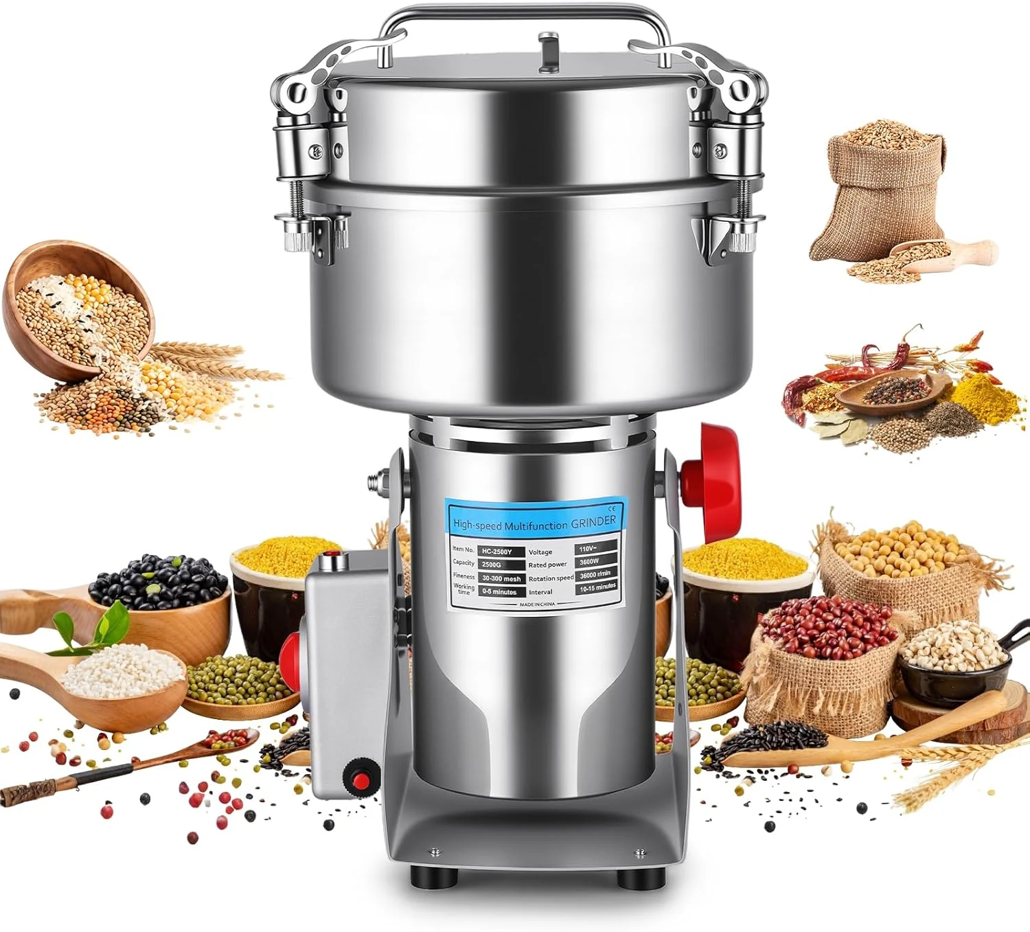 Powerful 3600W Grain Mill Grinder – 2500g Stainless Steel, 36000 RPM Triple-Blade System, 270° Swing for Easy Flour Making, 30-300 Mesh Adjustable, for Home Kitchen & Coffee Shop